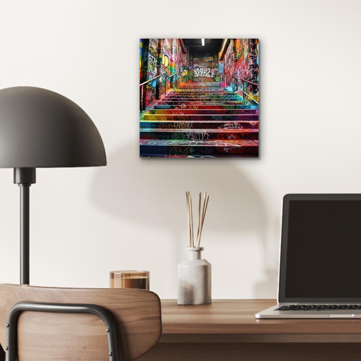 METALLBILD Treppe - Graffiti - Farben - Kunst 20x20 cm - Multicolor, Metall (20/20cm) - MuchoWow