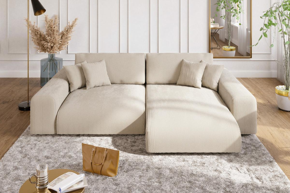 ECKSOFA mit Schlaffunktion, Bettkasten, Wellenunterfederung, seitenverkehrt montierbar B255/T165/H84 cm, Liegefl. 148x196 cm, Cord Beige / 21001 - Beige/Schwarz, Kunststoff/Textil (255/165cm) - luma-home