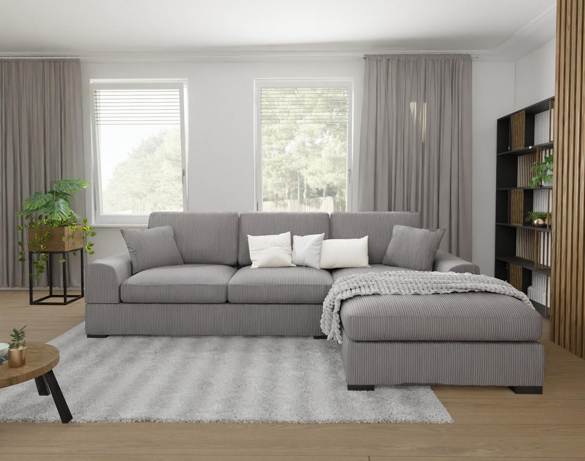ECKSOFA Saga Hellgrau Cord - Hellgrau/Schwarz, Holz/Buchenholz (306/184cm) - S-Style Möbel