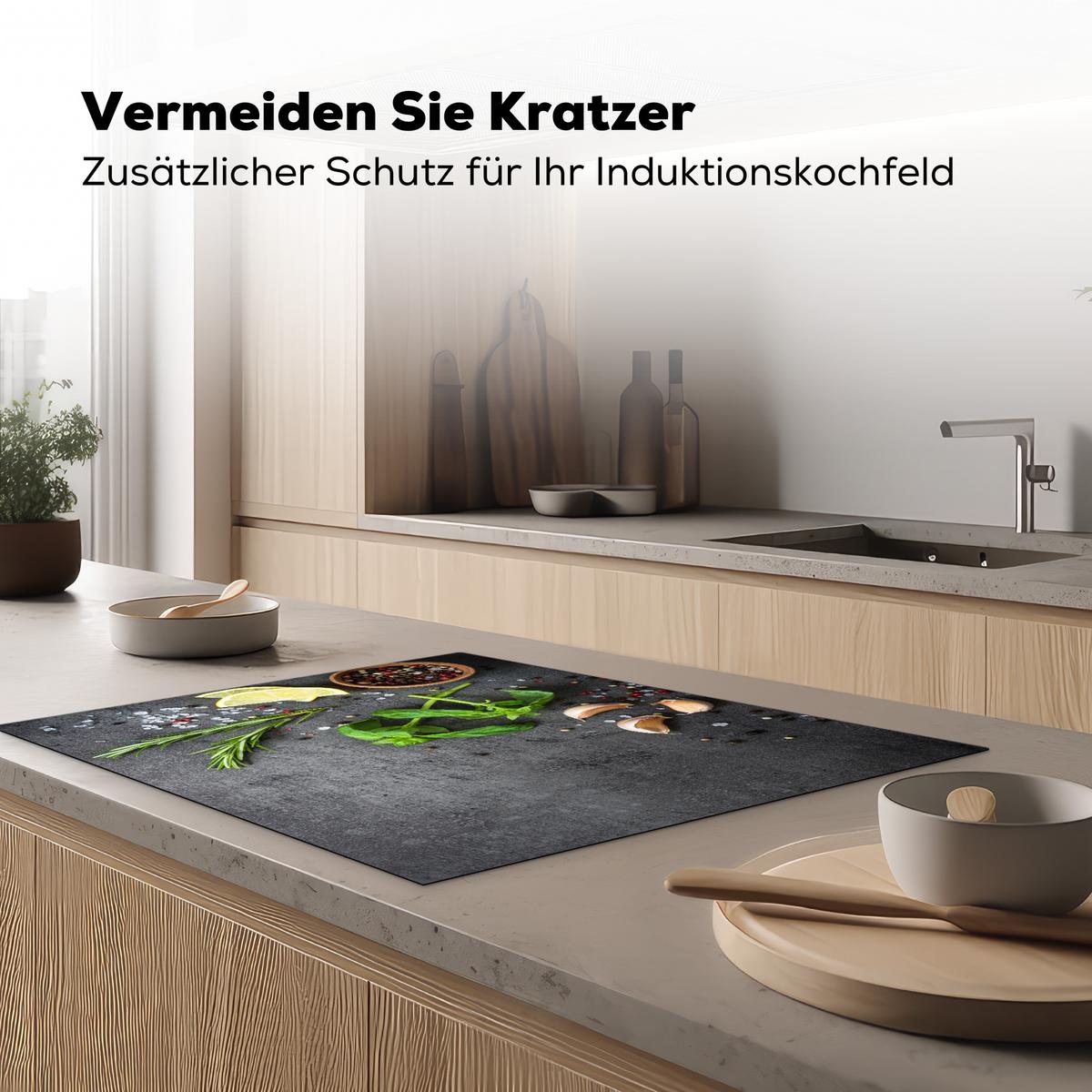 HERDABDECKPLATTE Limette - Kräuter - Gewürze - Grün - Grau - Beton Induktionsmatte 77x59 cm - Grün, Kunststoff (77/59/0.2cm) - MuchoWow