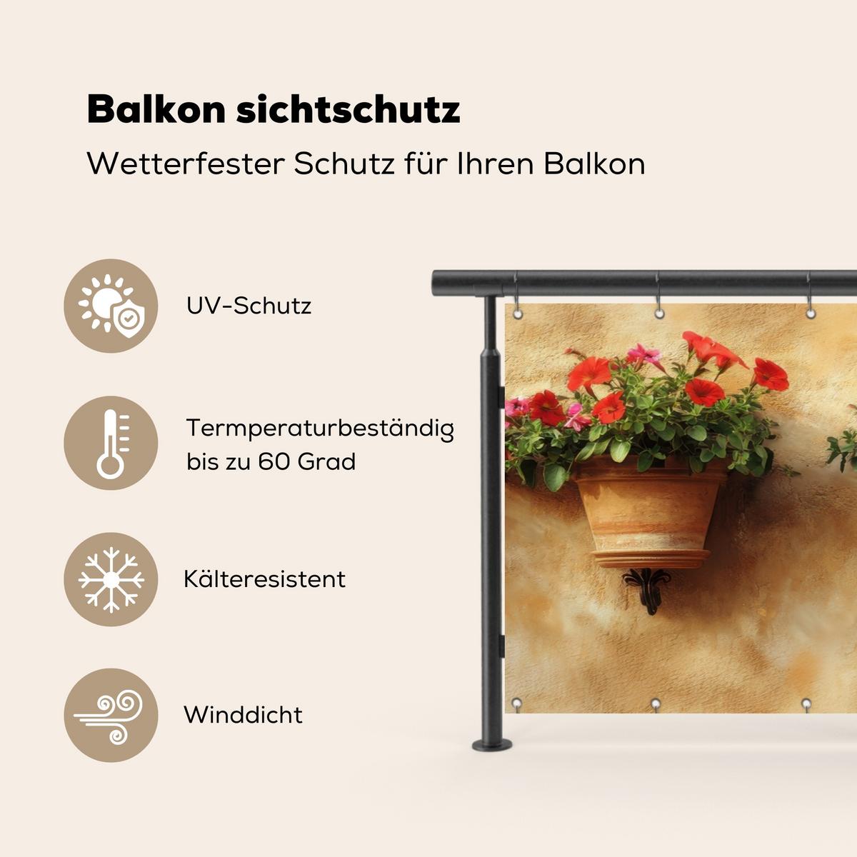 BALKON-SICHTSCHUTZ Blumentöpfe - Wand - Vintage Balkon Deko 300x120 cm - Terracotta, Kunststoff (300/120cm) - MuchoWow