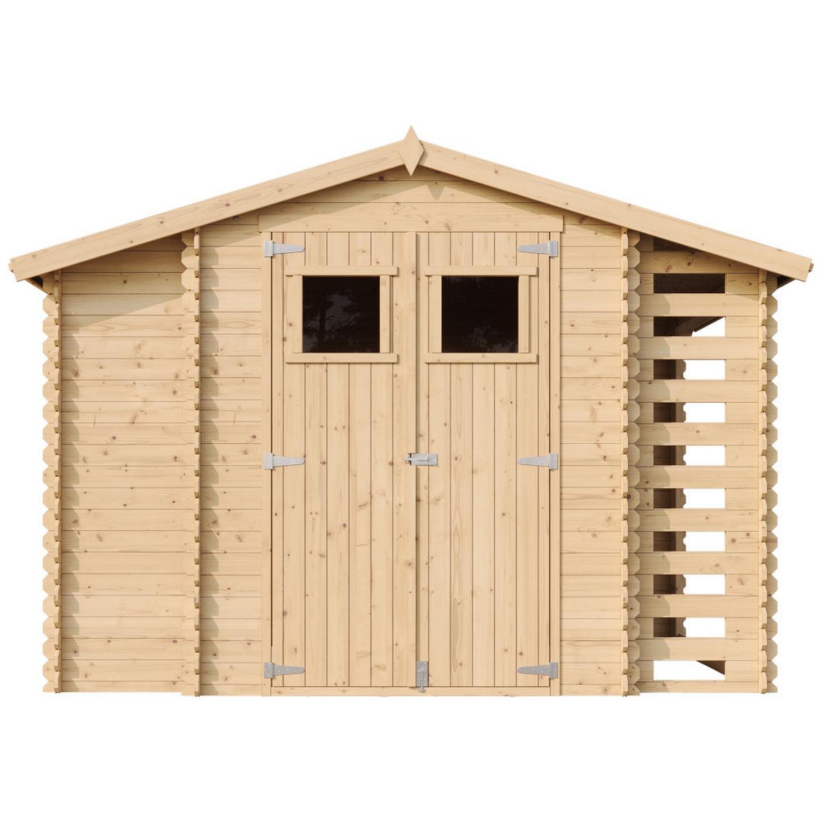 HOLZHAUS GARTENHAUS mit Brennholzschuppen M389+M389G - mit imprägniertem Boden- 3,53 + 0,97 + 0,97 m2 - Beige, Holz (328/218/206cm) - Timbela