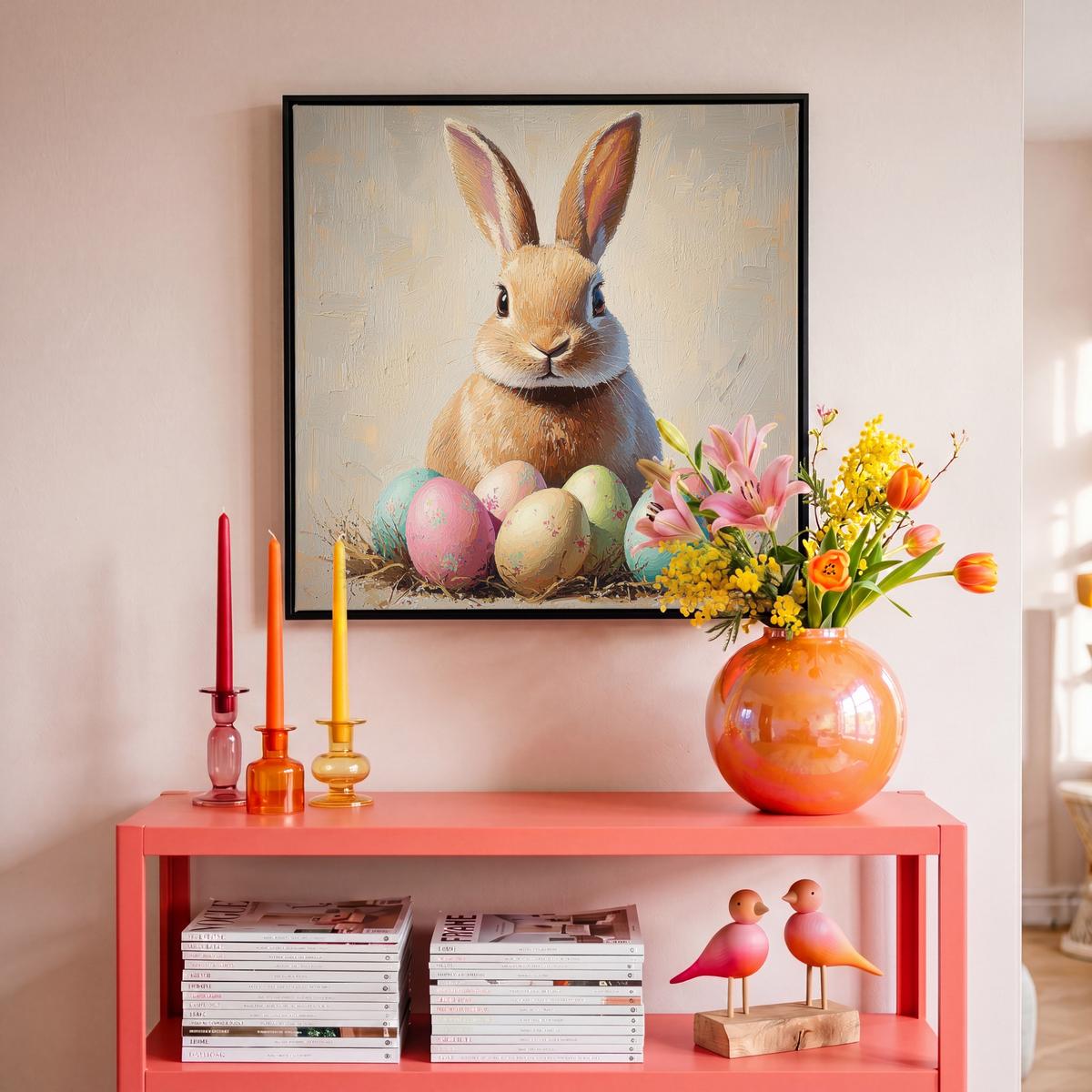 LEINWAND Bilder mit Rahmen - Osterhase - Pastell - Eier - 50x50 - Beige, Textil (50/50cm) - MuchoWow
