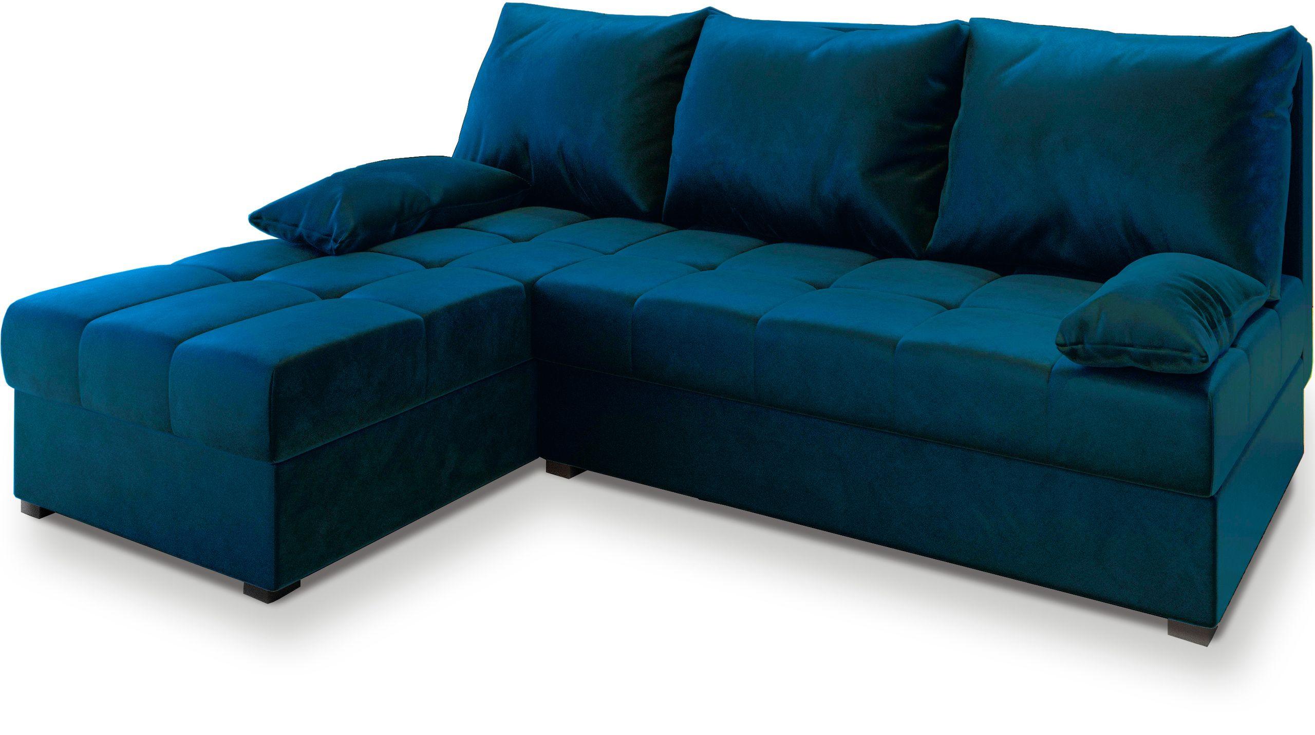 ECKSOFA RITA Blau Plüsch-Stoff mit Schlaffunktion - Blau/Grau, Holz/Kunststoff (200/141cm) - MASSENO