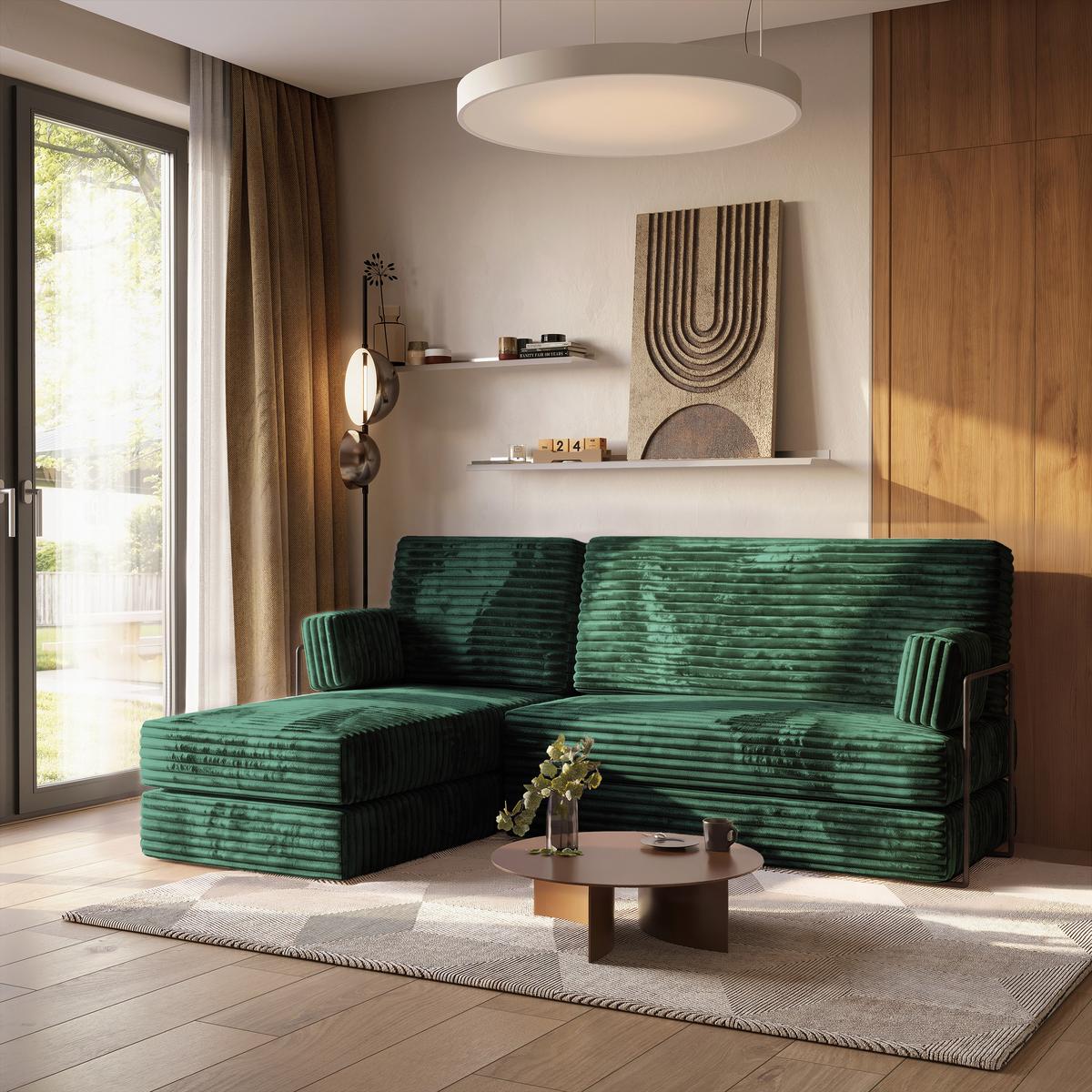 ECKSOFA NOTIA modulares Boneless Sofa mit Schlaffunktion Grün Kordstoff - Grün, Textil (200/120cm) - MASSENO