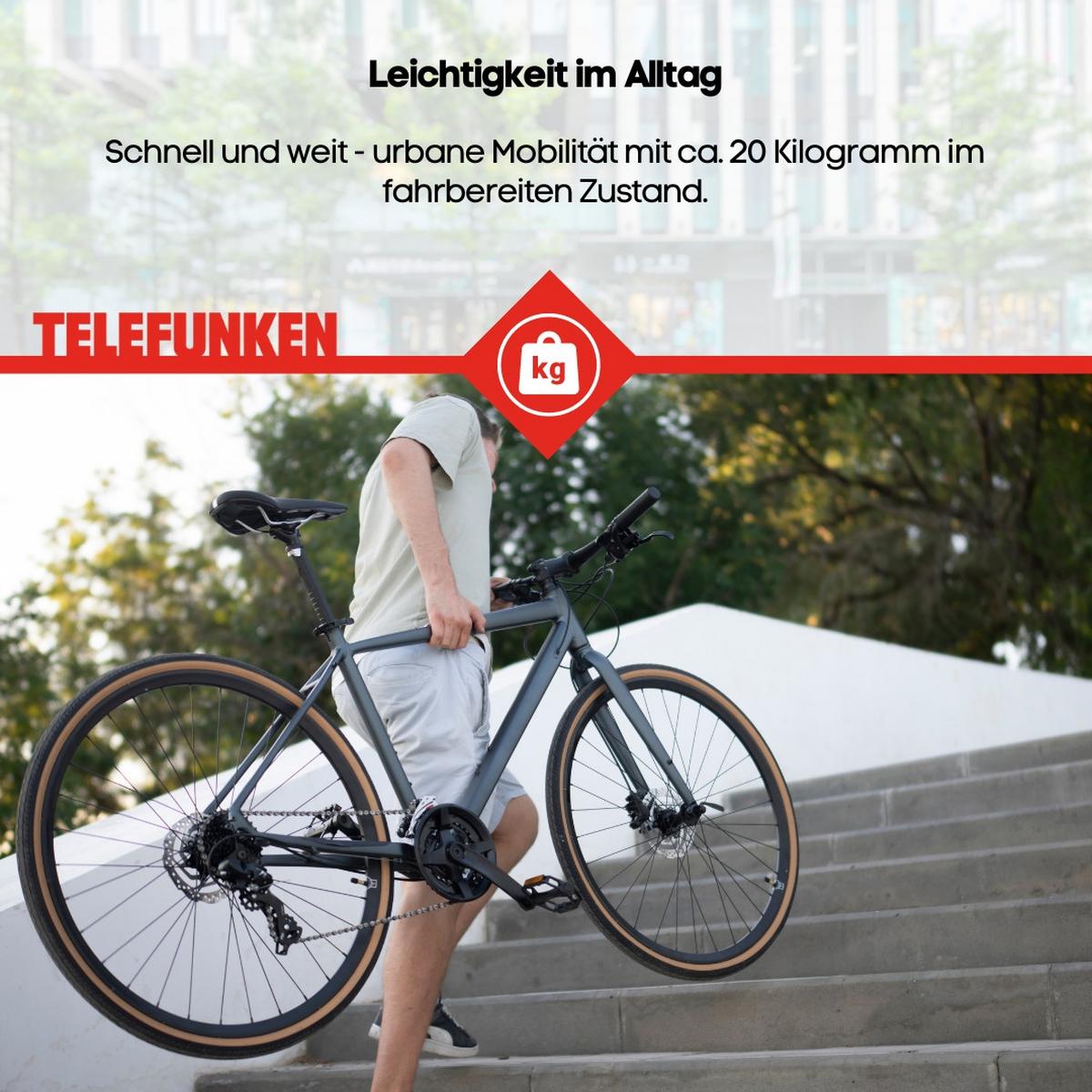 E-BIKE Urban UH210 Elektrofahrrad 28 Zoll Pedelec 417,6 Wh Hinterradmotor 7-Gang Kettenschaltung, leicht - Grau, Metall (111cm) - Telefunken