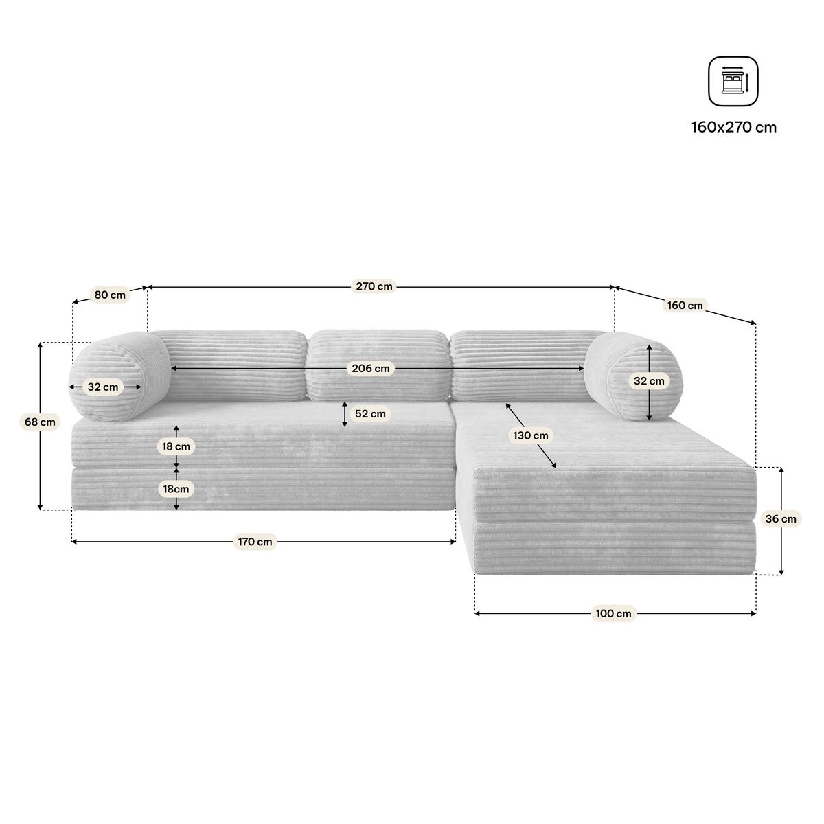 ECKSOFA ETERA modulares Boneless Sofa mit Schlaffunktion Beige Kordstoff - Beige, Textil (270/160cm) - MASSENO
