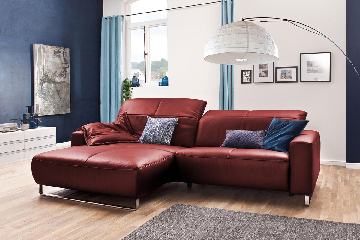 ECKSOFA YORK Rot Leder - Rot/Silberfarben, Leder (284/180cm) - KAWOLA