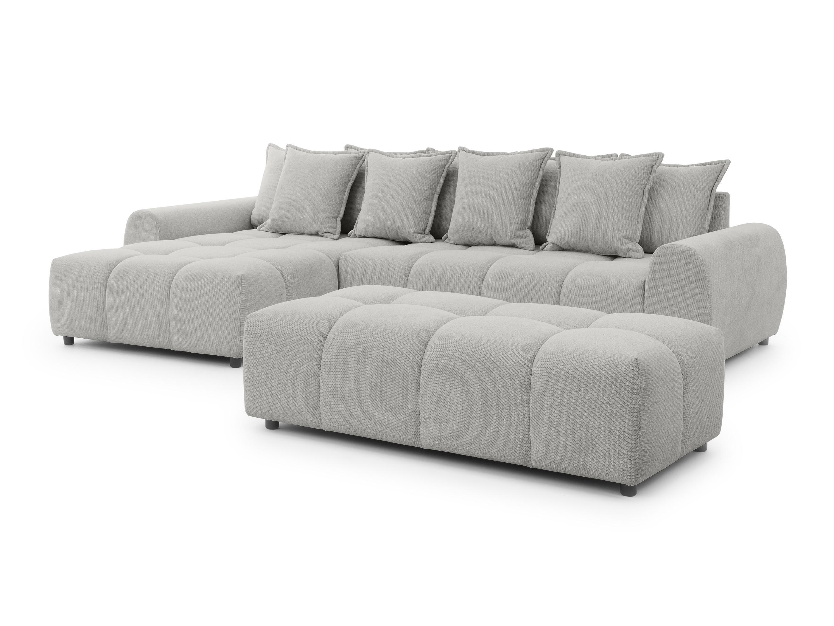 ECKSOFA inkl. Hocker Bubble mit Schlaffunktion und losen Rückenkissen, Sitzfläche in Bubble-Optik aus weichem Hellgrau Strukturstoff - Ottomane Links - Hellgrau/Schwarz, Holz/Kunststoff (180/306cm) - S-Style Möbel