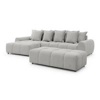 ECKSOFA inkl. Hocker Bubble mit Schlaffunktion und losen Rückenkissen, Sitzfläche in Bubble-Optik aus weichem Hellgrau Strukturstoff - Ottomane Links - Hellgrau/Schwarz, Holz/Kunststoff (180/306cm) - S-Style Möbel