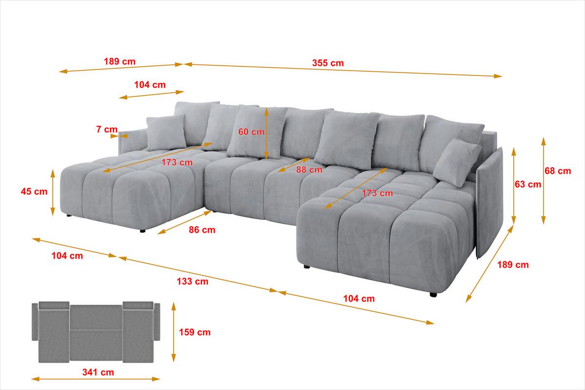 WOHNLANDSCHAFT LONLI-U 355x189x68 Hellgrau Velours - Titanfarben, Holzwerkstoff/Kunststoff (355/68/189cm) - ALTDECOR