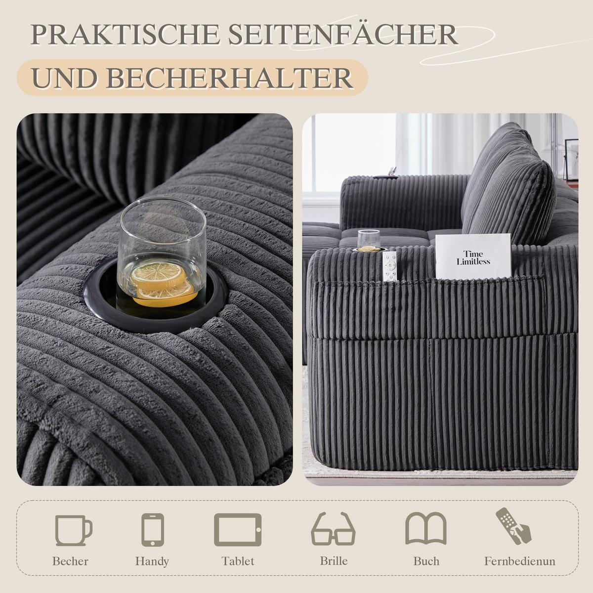 ECKSOFA 3-Sitzer mit Getränkehalter, Seitentaschen & 3 Kissen - Dunkelgrau, Textil (253/158cm) - Urban Meuble