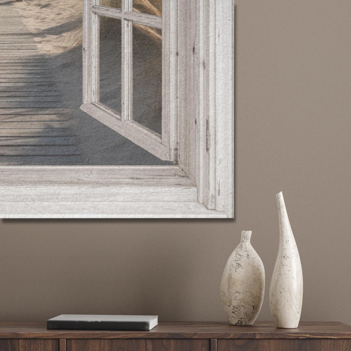 AKUSTIKBILD Fenster - Meer - Küste - Natur - Ausblick - Strand - Wattenmeer Akustikpaneele 90x90 cm - Beige, Kunststoff (90/90/0.9cm) - MuchoWow