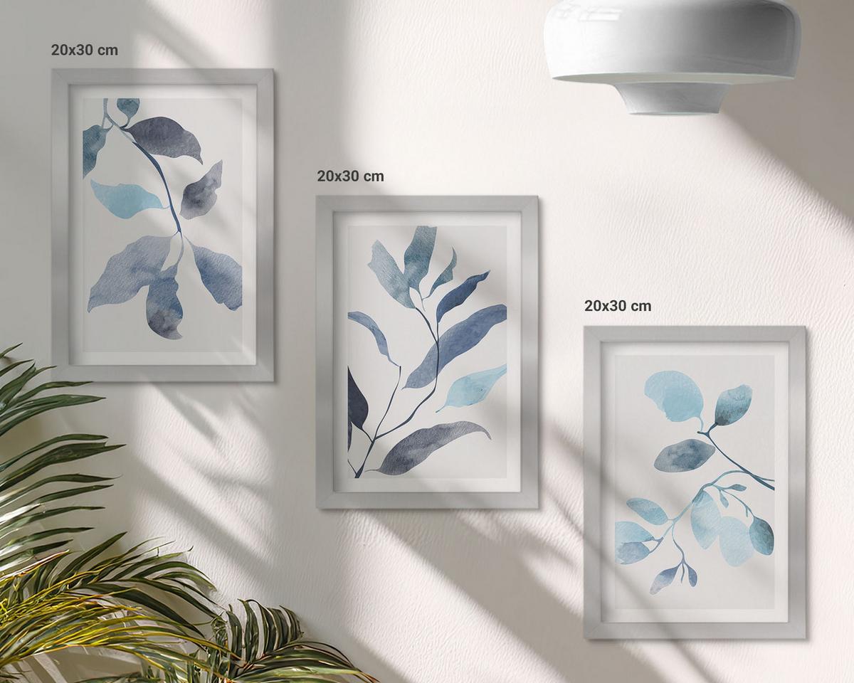 BILDER SET 3er Set - 20x30 cm Silberner Rahmen - Aquarell von blauen Blättern - Silberfarben, Kunststoff (20/30cm) - TULUP
