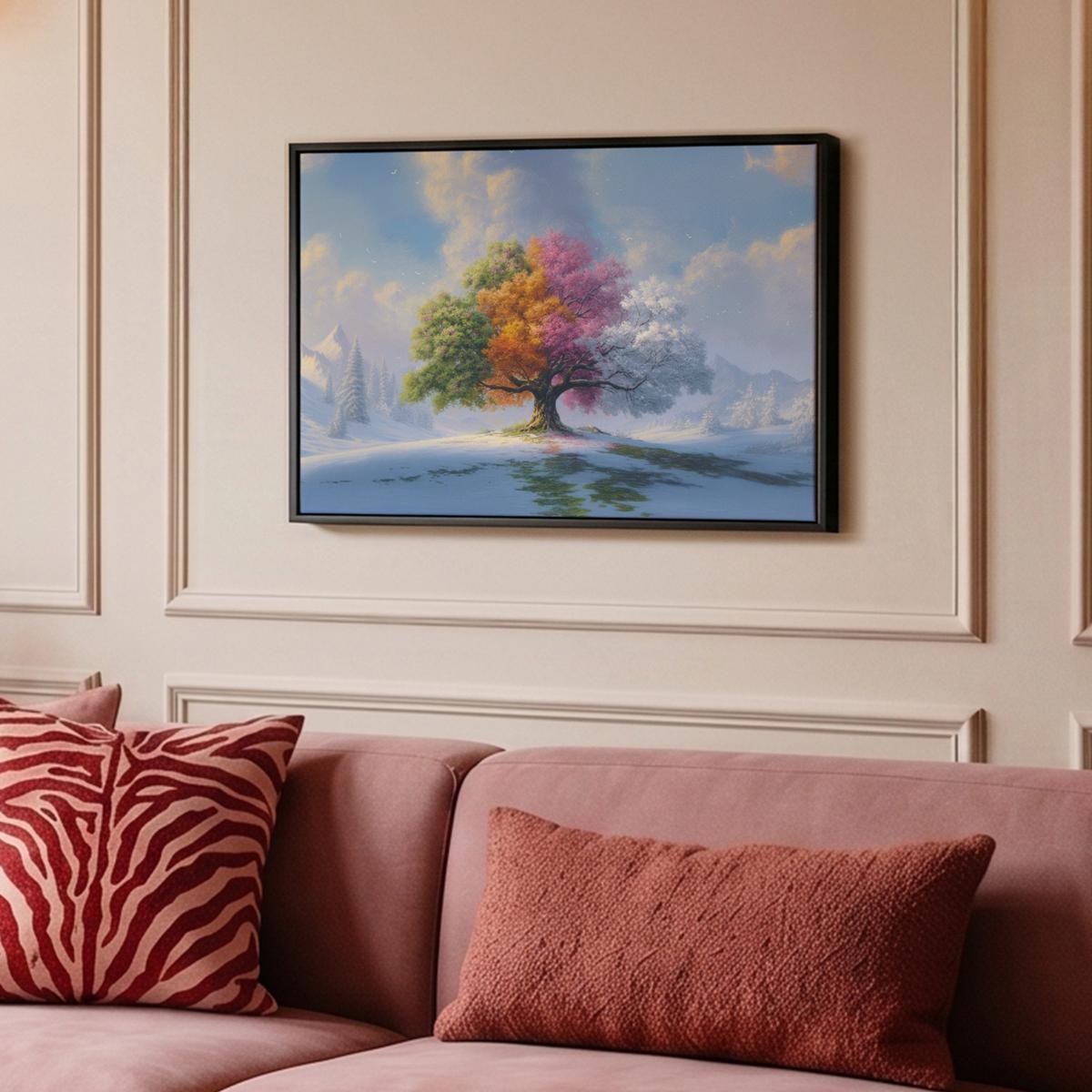 LEINWAND Bilder mit Rahmen - Baum - Jahreszeiten - Winter - Landschaft - 60x40 - Multicolor, Textil (60/40cm) - MuchoWow