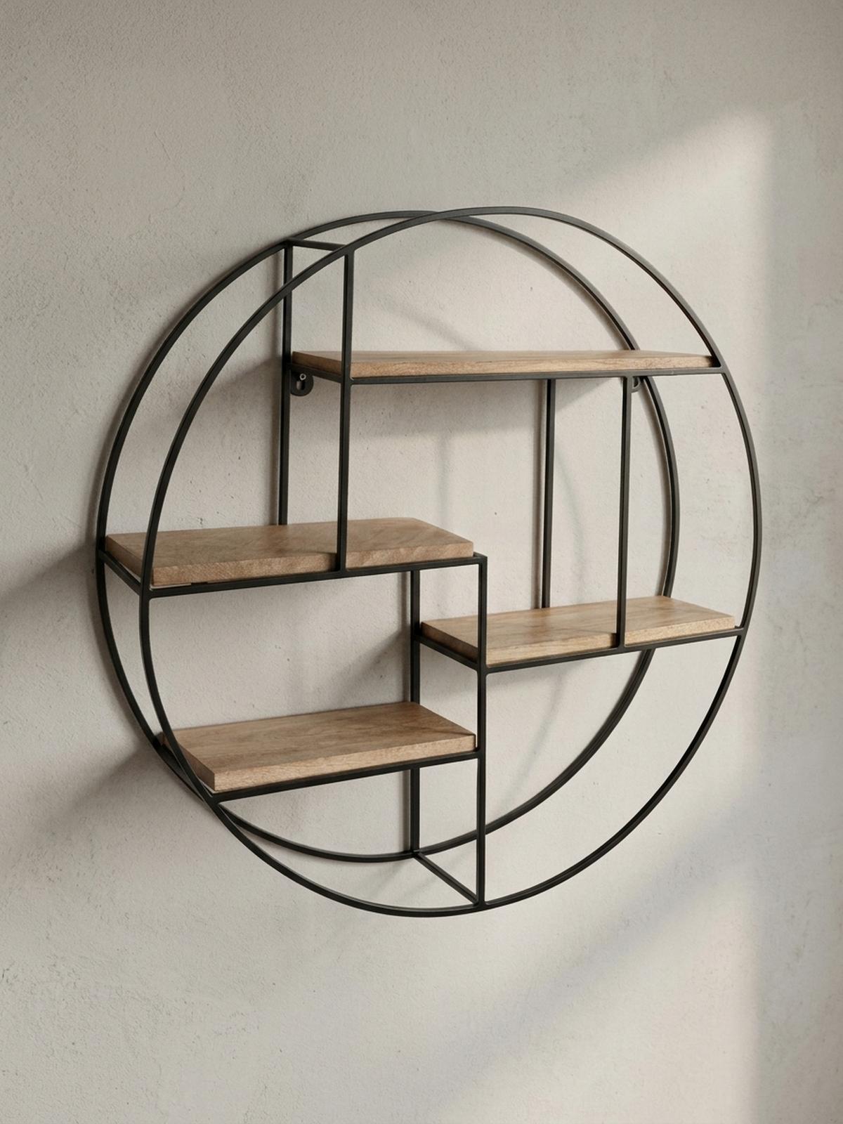 WANDREGAL Mango Massivholz Metall Industrial Stil 70x70x18 cm Rund - Schwarz/Braun, Holz/Metall (70/70/18cm) - KADIMA DESIGN