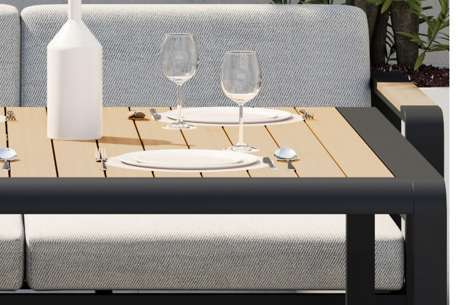 Dining Loungeset Tisch schwarz Aluminium pulverbeschichtet Tischplatte Birnbaumfarben Lamellen Polywood matt
