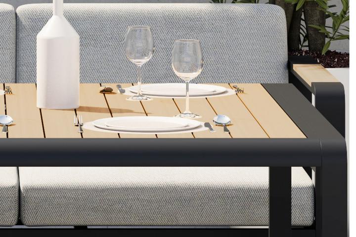 Dining Loungeset Tisch schwarz Aluminium pulverbeschichtet Tischplatte Birnbaumfarben Lamellen Polywood matt