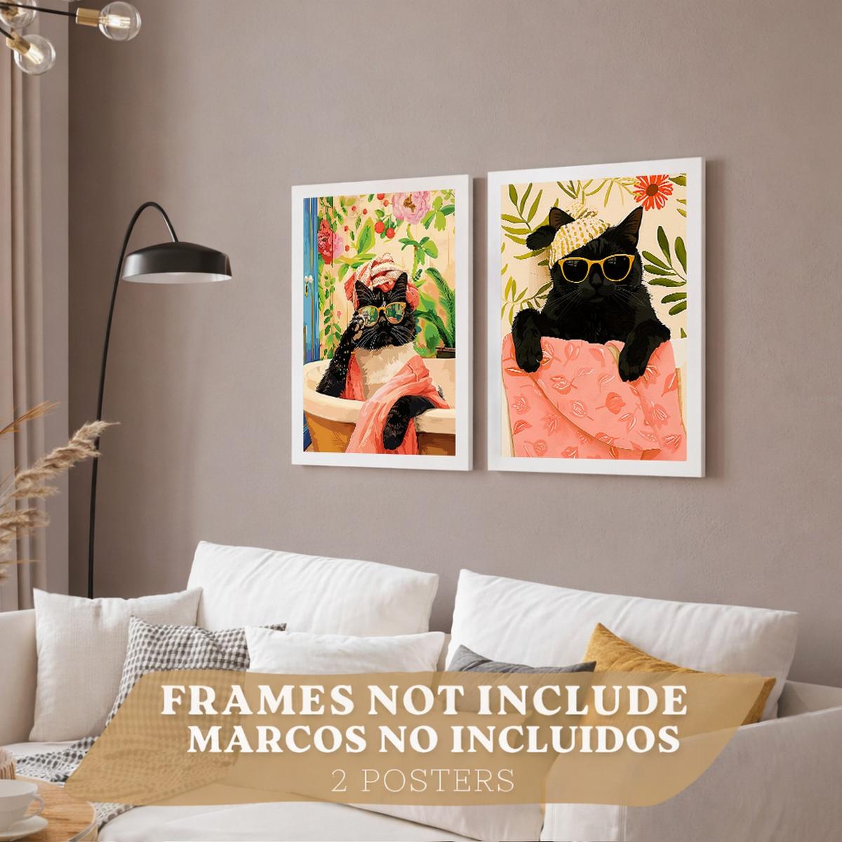 POSTER 2er Kunstdruck-Set Wandbilder Katzen Badezimmer modern Wohnzimmer Deko, Schlafzimmer, Küche Rahmenlos A4 - Klar, Papier (29.7/1/21cm) - Nacnic