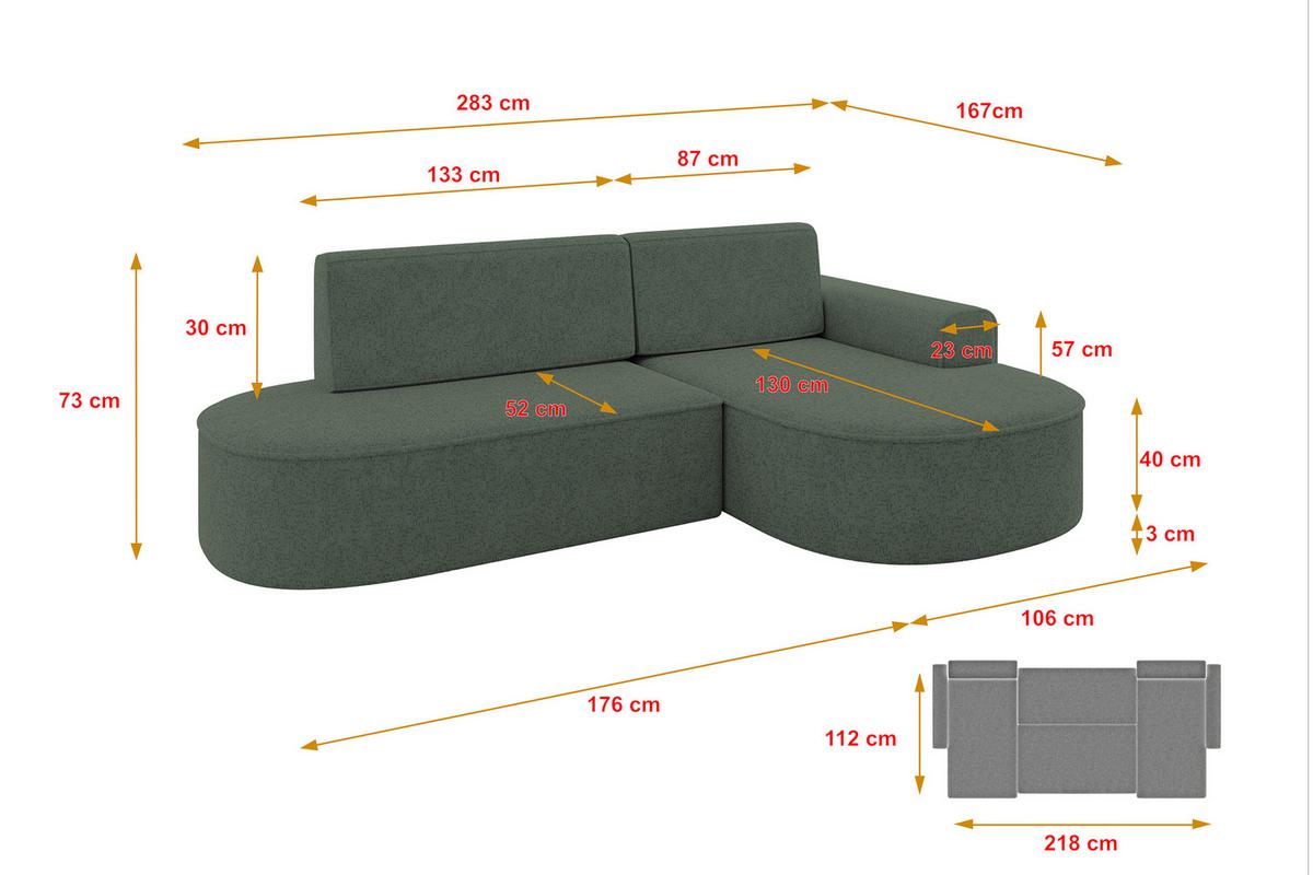 ECKSOFA mit Schlaffunktion und Bettkasten Ottomane Rechts MARI-L1-S - 283x167x73 cm Grün Tissu - Schwarz/Grün, Holzwerkstoff/Kunststoff (167/283cm) - ALTDECOR