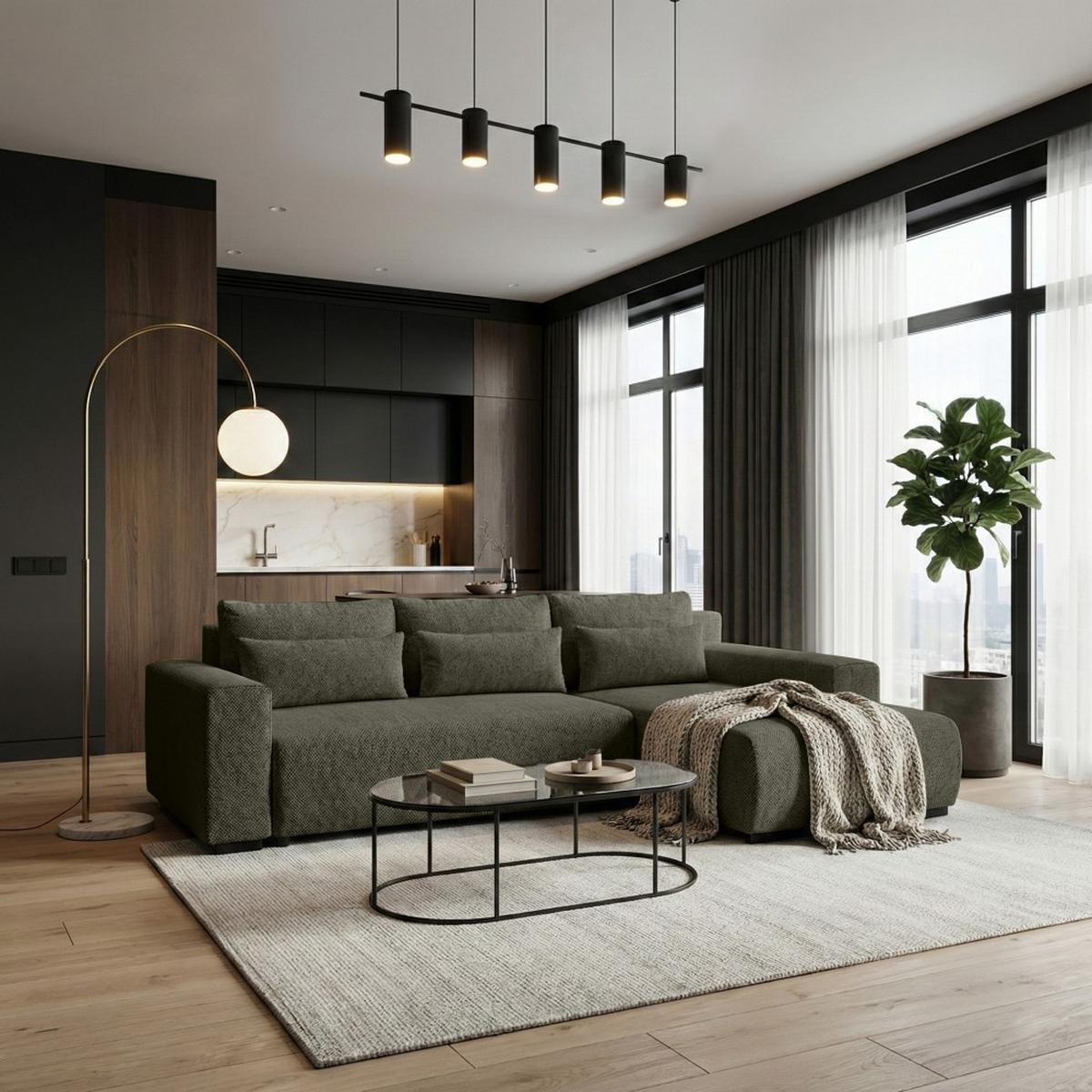 ECKSCHLAFSOFA Benny olivgrün rechts - Schwarz/Olivgrün, Kunststoff/Textil (271/185cm) - Beautysofa