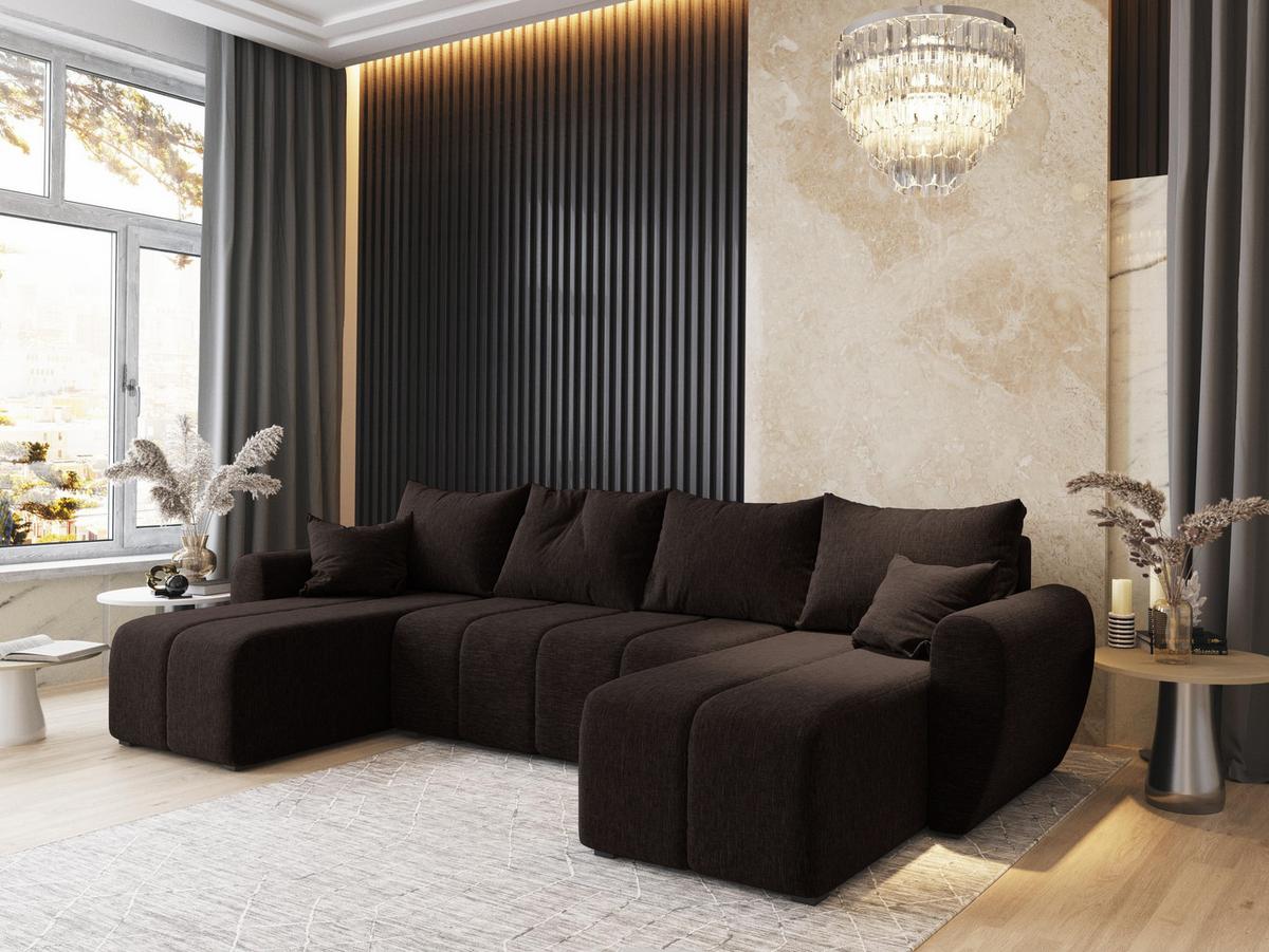 WOHNLANDSCHAFT MADISON U Braun Dünner Stoff mit Schlaffunktion - Schwarz/Braun, Holz/Kunststoff (311/82/145cm) - MASSENO