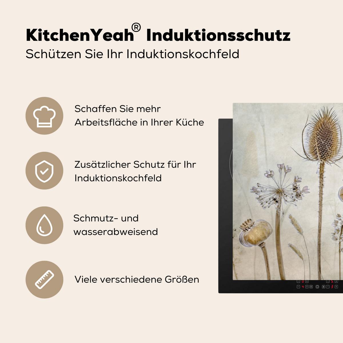 HERDABDECKPLATTE Blumen - Aquarell - Stilleben - Braun - Vintage Induktionsschutz 91.2x52 cm - Sandfarben, Kunststoff (91.2/52/0.2cm) - MuchoWow