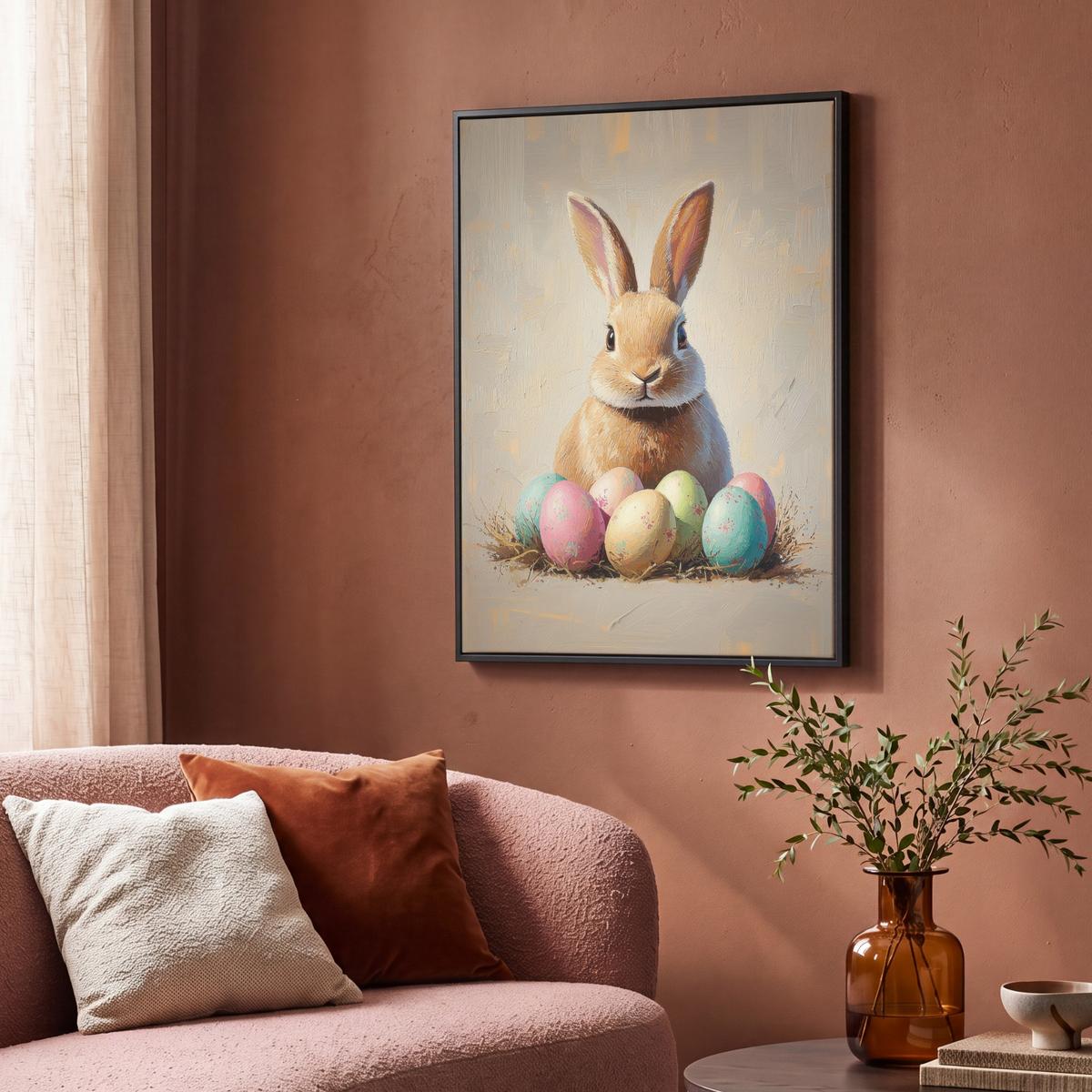 LEINWAND Bilder mit Rahmen - Osterhase - Pastell - Eier - 70x100 - Beige, Textil (70/100cm) - MuchoWow