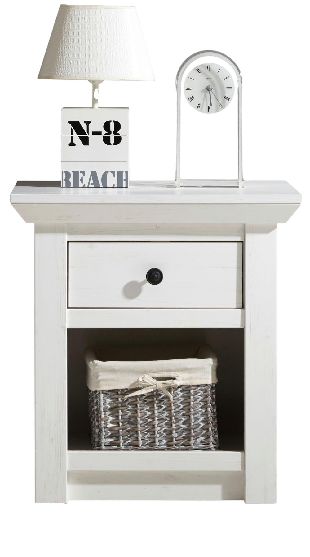 NACHTTISCH Pinie weiß Landhaus, Nachtkommode mit Schublade - Schwarz/Weiß, Holz/Holzwerkstoff (59/62/45cm) - Furn.Design