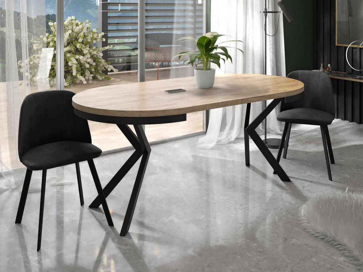 ESSTISCH Ross runder ausziehbarer, Craft Eiche 90-170/90/76 cm - Eiche Wotan/Schwarz, Holzwerkstoff/Metall (90/170/76cm) - WFL GROUP