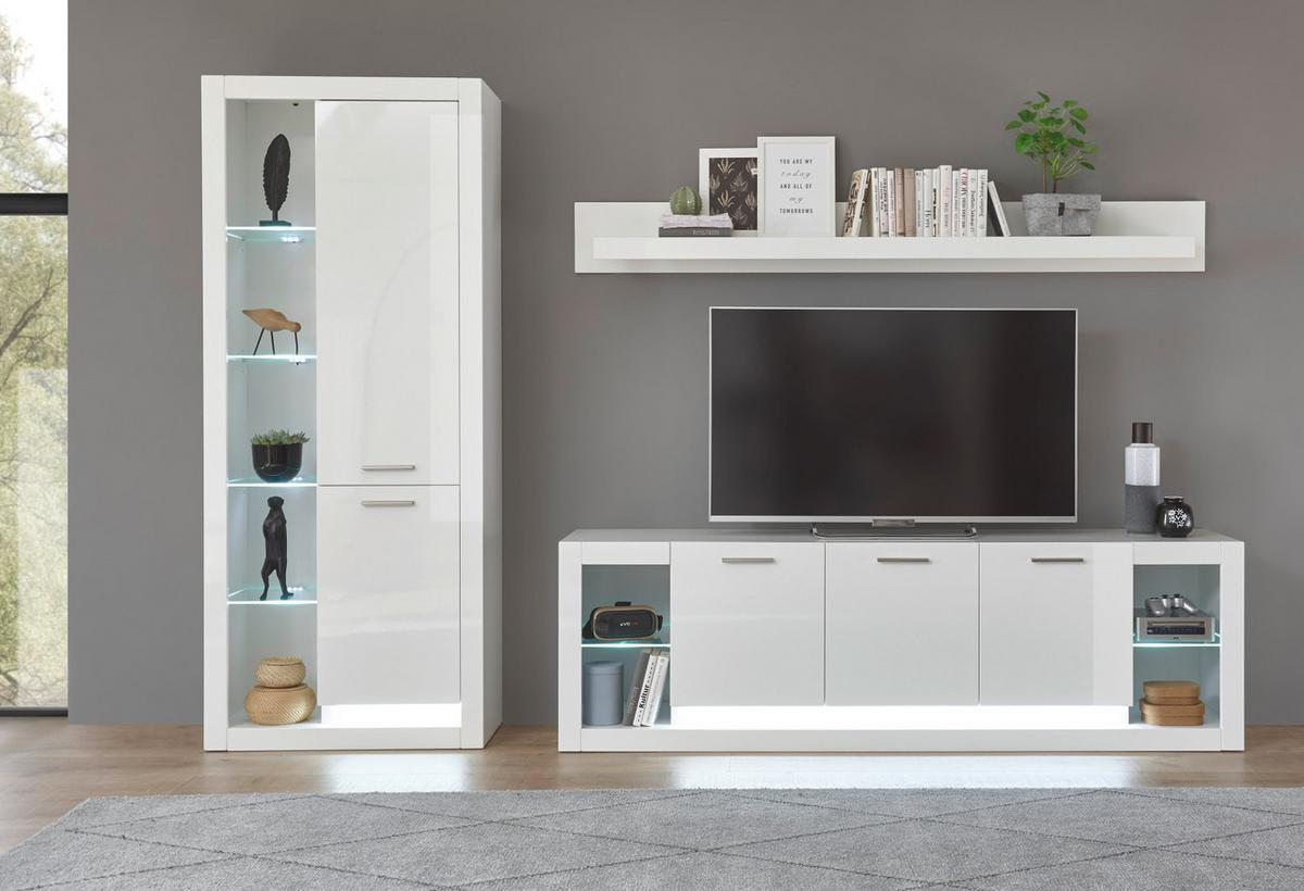 TV-LOWBOARD weiß Hochglanz 200 cm, TV Unterschrank mit Komforthöhe - Weiß Hochglanz/Silberfarben, Glas/Holzwerkstoff (198/61/43cm) - Furn.Design