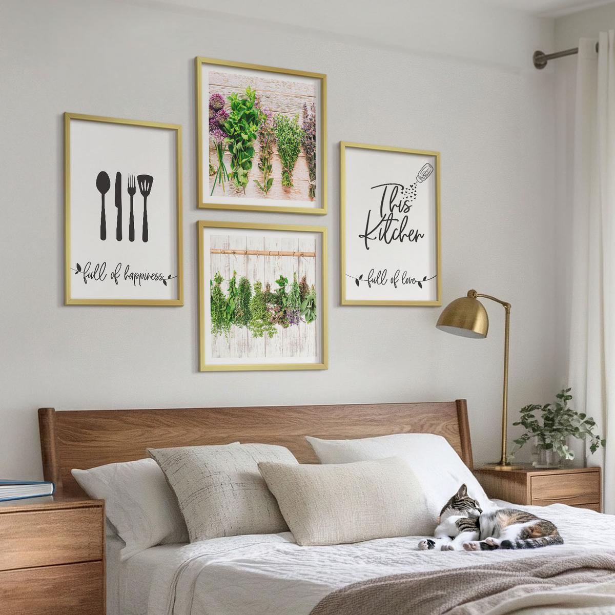 BILDER SET 4er Set - 50x50 cm & 40x60 cm Goldrahmen - Küchenkräuterpflanzen Beschriftungen - Goldfarben, Kunststoff (50/50cm) - TULUP