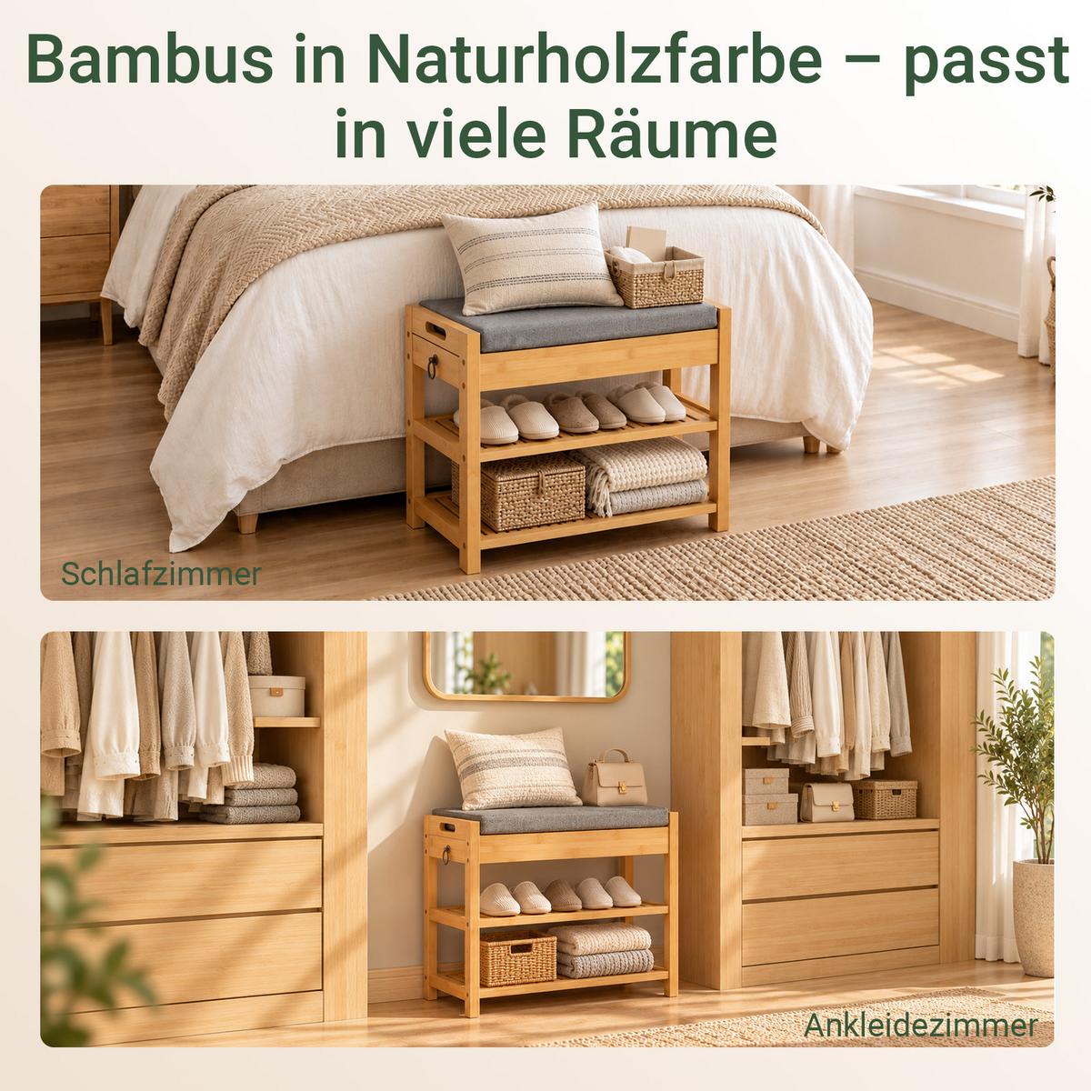 SCHUHBANK aus Bambus, 55 x 46 x 30 cm, mit Sitzkissen und Seitenschublade, 2 Schuhablagen, Natur - Naturfarben, Holz (55/46/30cm) - SoBuy
