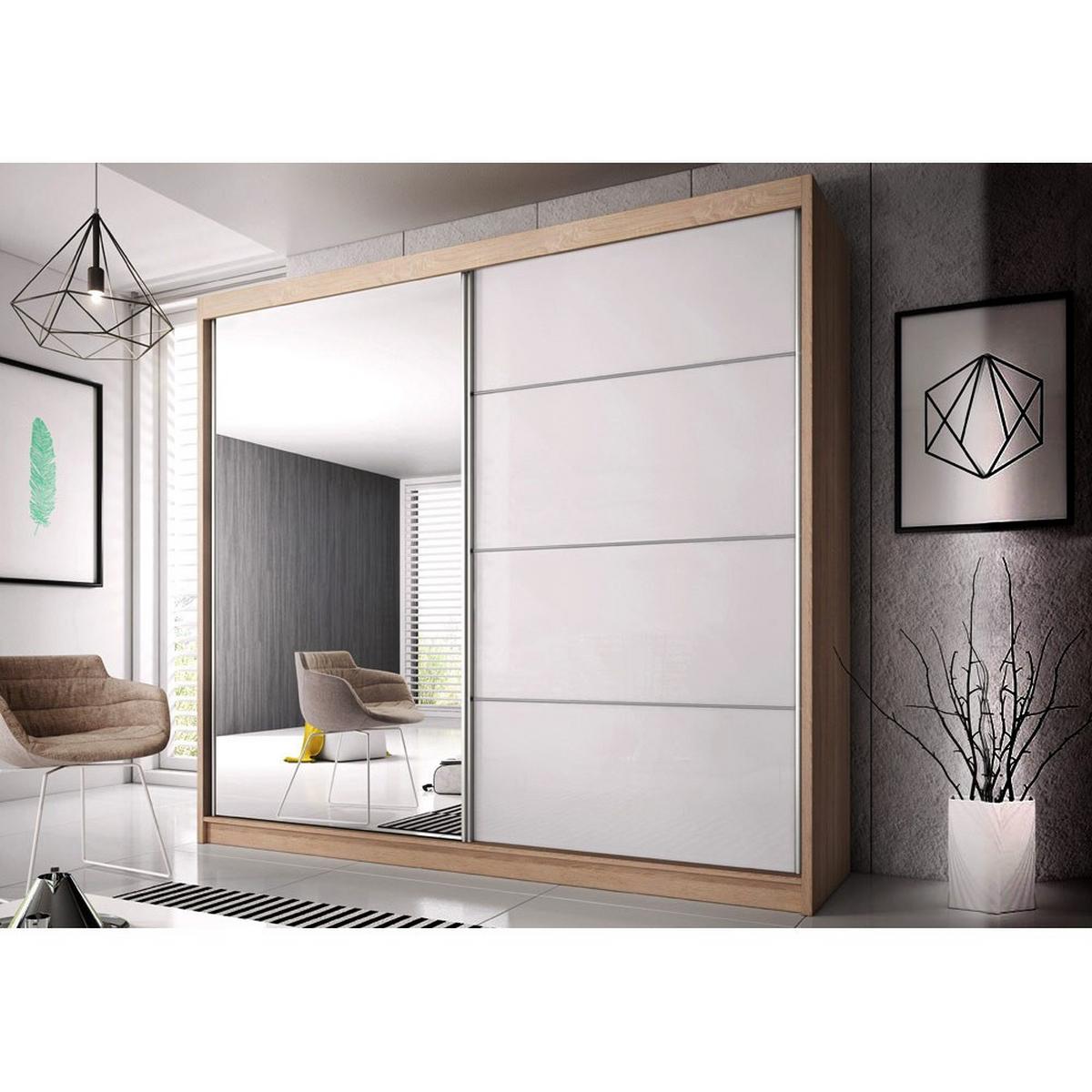 SCHWEBETÜRENSCHRANK Multi 35 Sonoma/Weiß mit LED Beleuchtung 203 cm - Alufarben/Weiß, Glas/Holzwerkstoff (203/218/61cm) - imoebel24