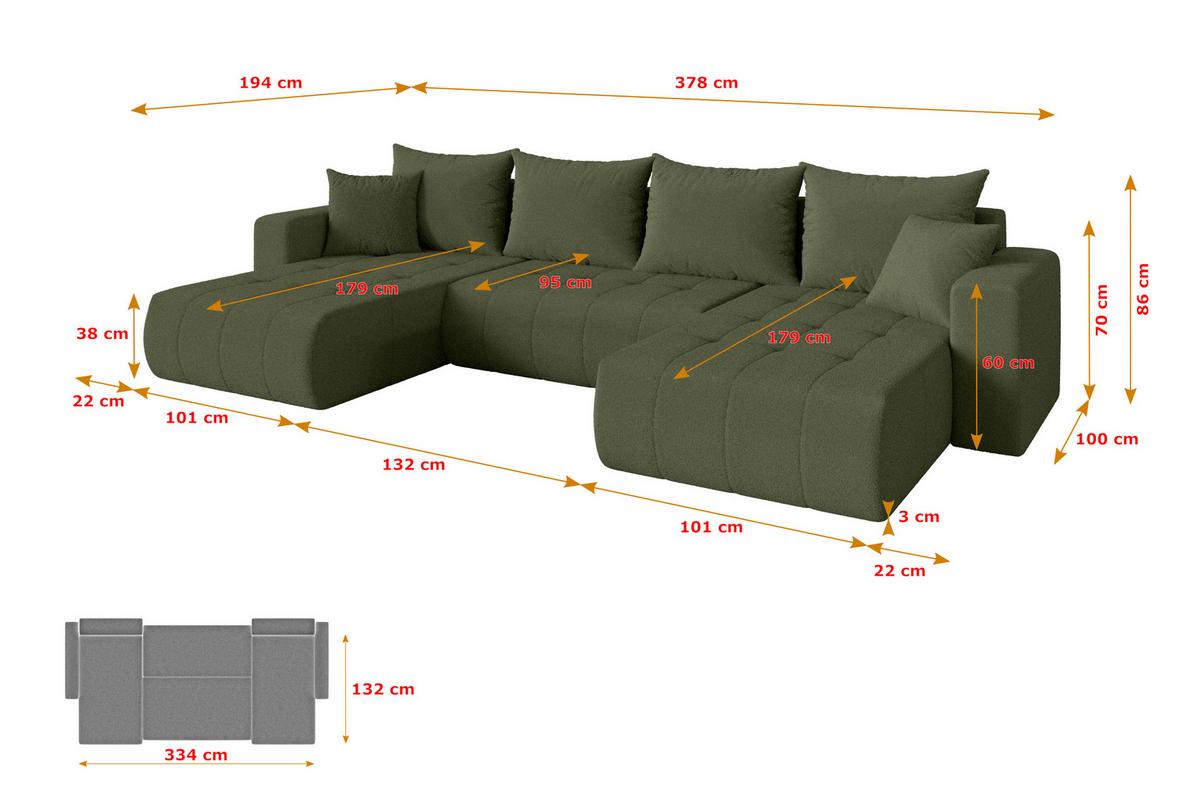 WOHNLANDSCHAFT mit Schlaffunktion und Bettkasten MILA-U 378x194x86 Grün Bouclé - Schwarz/Olivgrün, Holzwerkstoff/Kunststoff (378/86/194cm) - ALTDECOR