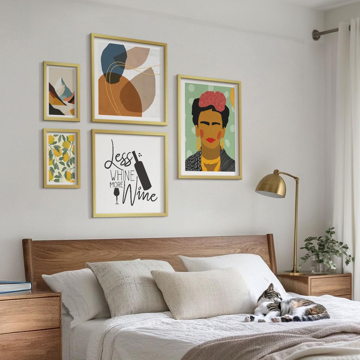 BILDER SET 5er Set - 50x50 cm & 20x30 cm & 40x60 cm Goldrahmen - Zitronenweinporträt von Frida - Goldfarben, Kunststoff (40/60cm) - TULUP