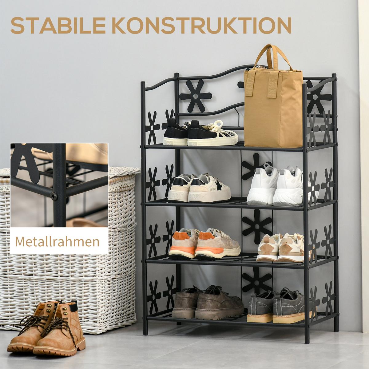 SCHUHREGAL, Standregal, Ständer, 4 Ebenen, Metall, 59,5 x 30 x 92 cm, Schwarz - Schwarz, Metall (30/92/595cm) - HOMCOM