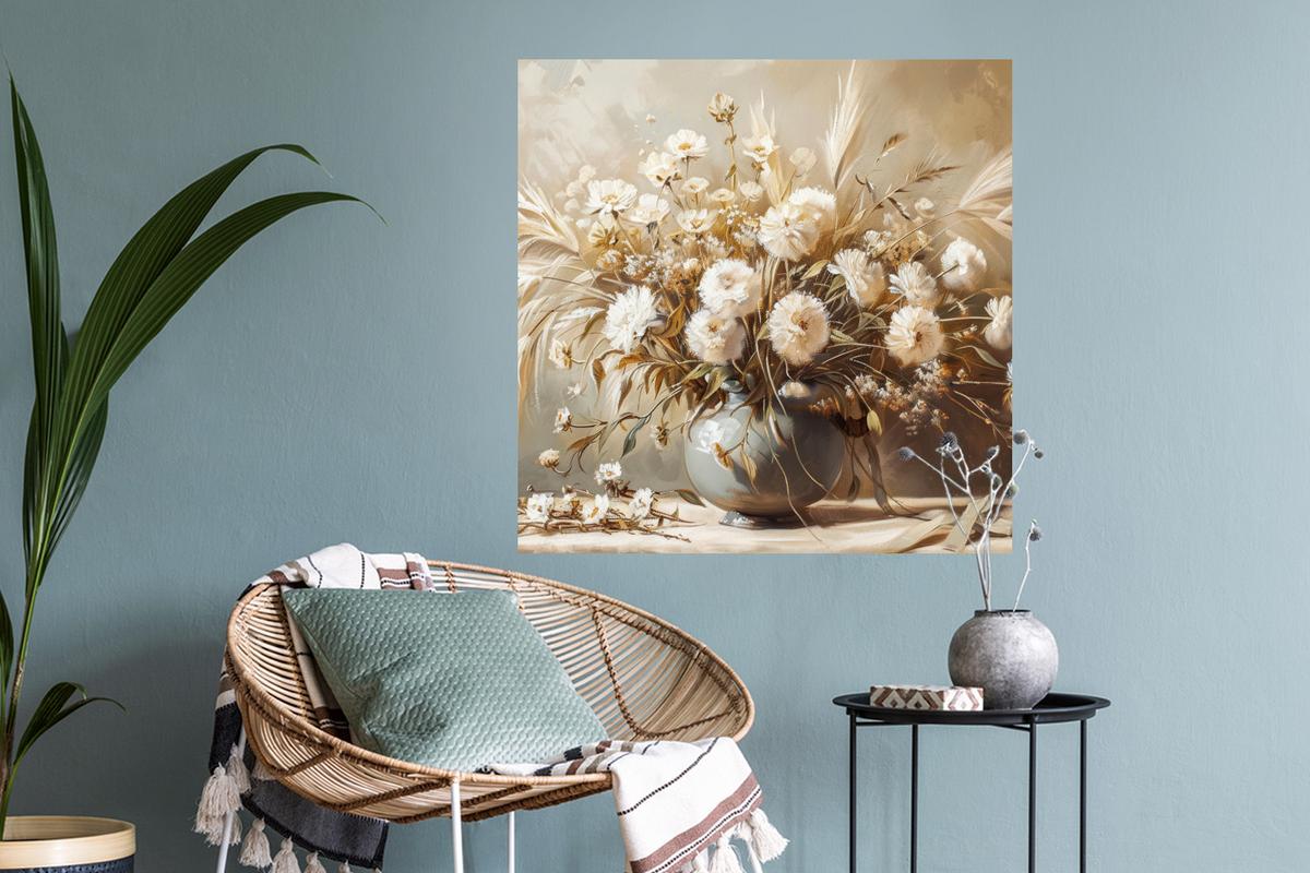 WANDTATTOO Blumen - Vase - Stilleben - Beige Wanddeko 50x50 cm - Creme, Kunststoff (50/50/0.1cm) - MuchoWow