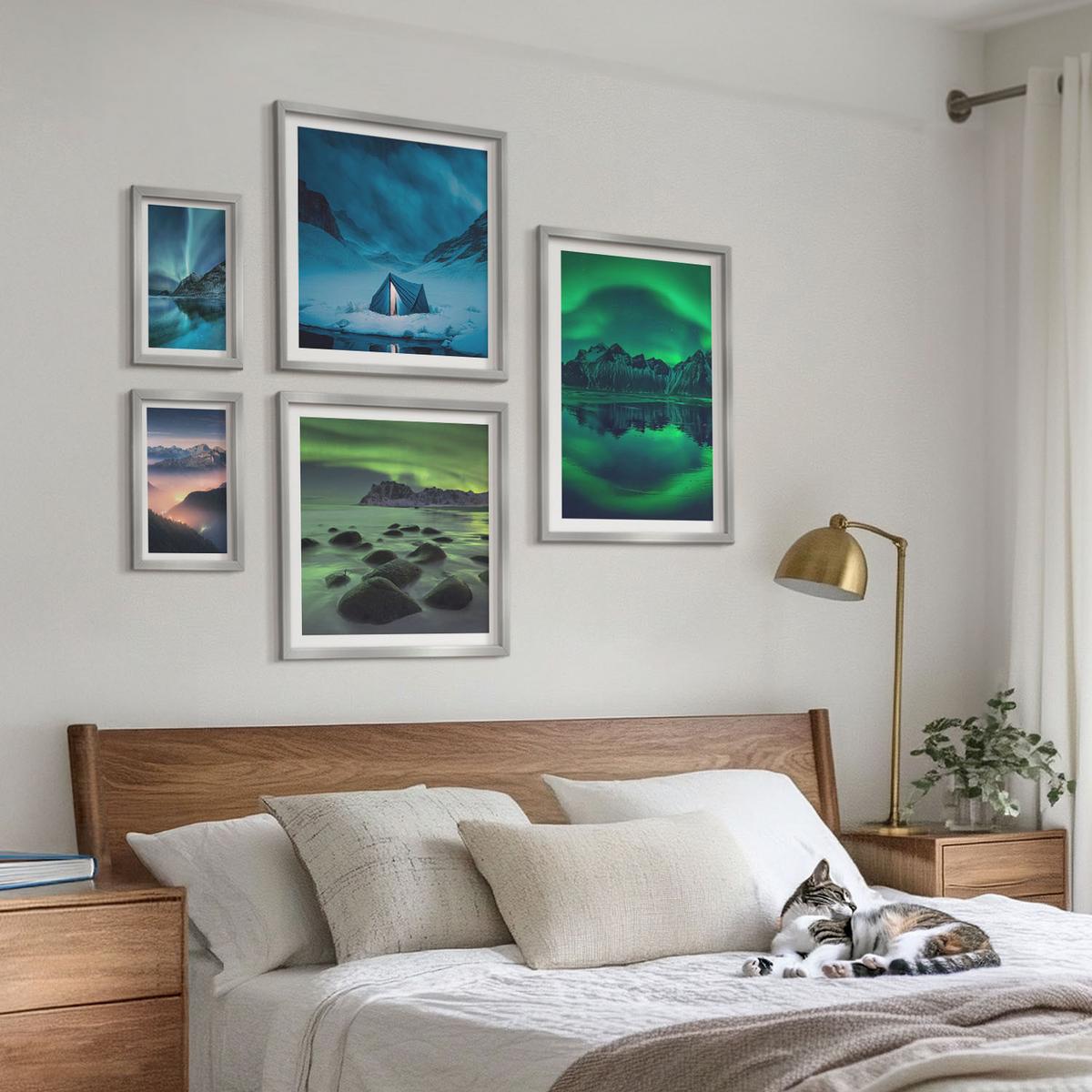 BILDER SET 5er Set - 50x50 cm & 20x30 cm & 40x60 cm Silberner Rahmen - Stilvolle Pflanzenmuster und Geometrie - Silberfarben, Kunststoff (40/60cm) - TULUP