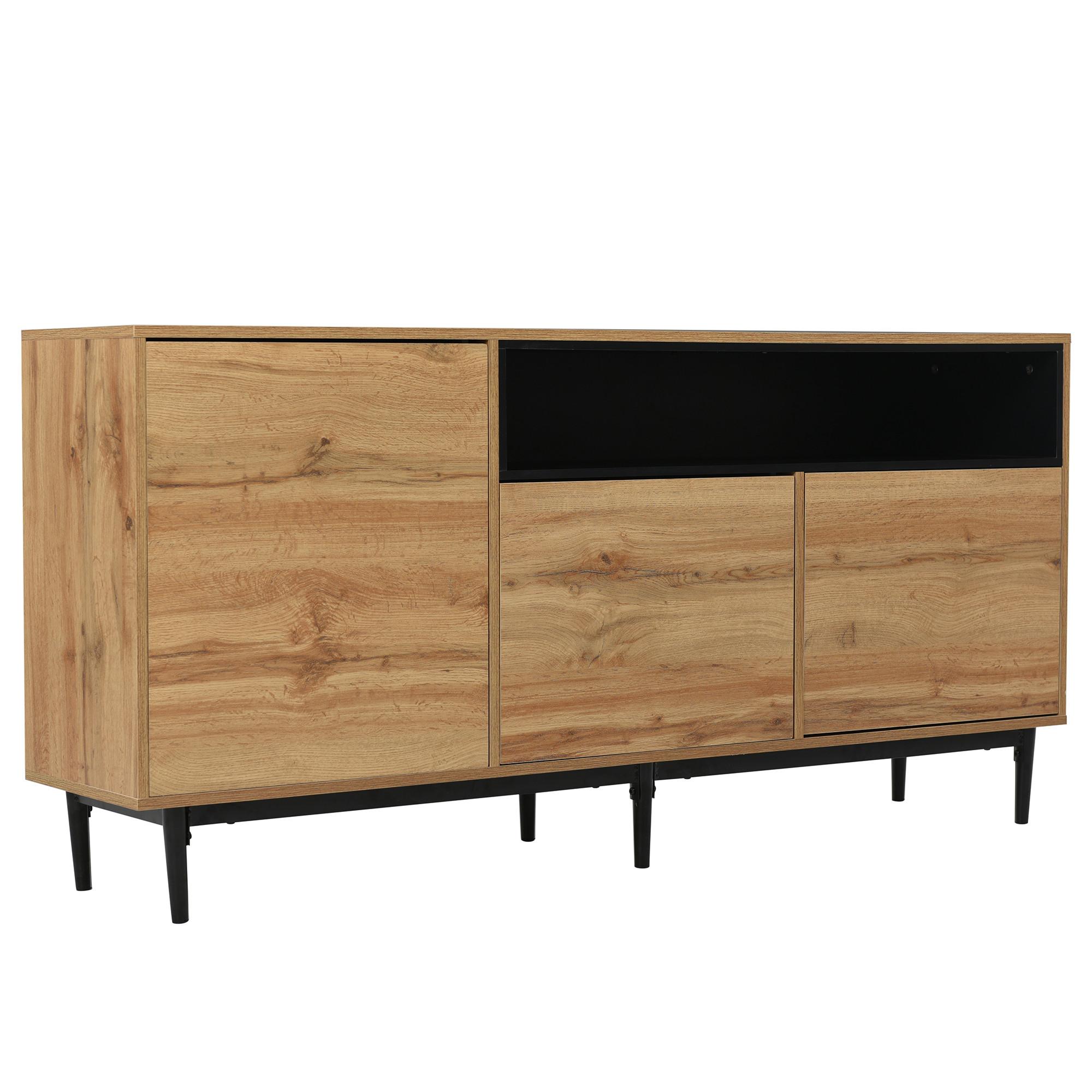 SIDEBOARD Schwarzer mit Türen und offenen Regalen, 160/35/76cm - Eichefarben, Holzwerkstoff/Metall (160/76/35cm) - Urban Meuble
