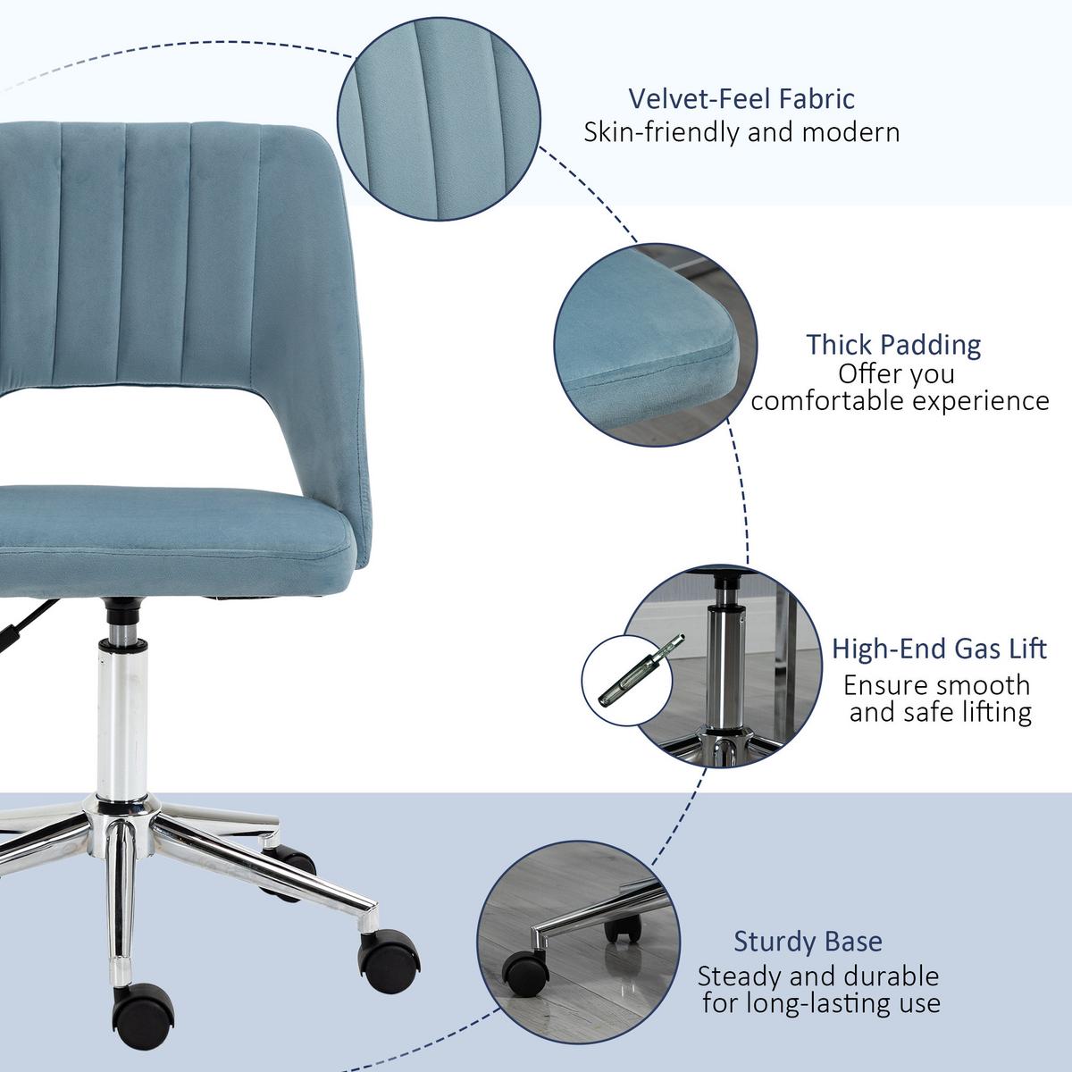 BÜROSTUHL Drehstuhl Jakobsmuschel-Form verstellbar Samtartiges Polyester Blau - Blau/Chromfarben, Textil/Metall (60/91/49cm) - Vinsetto
