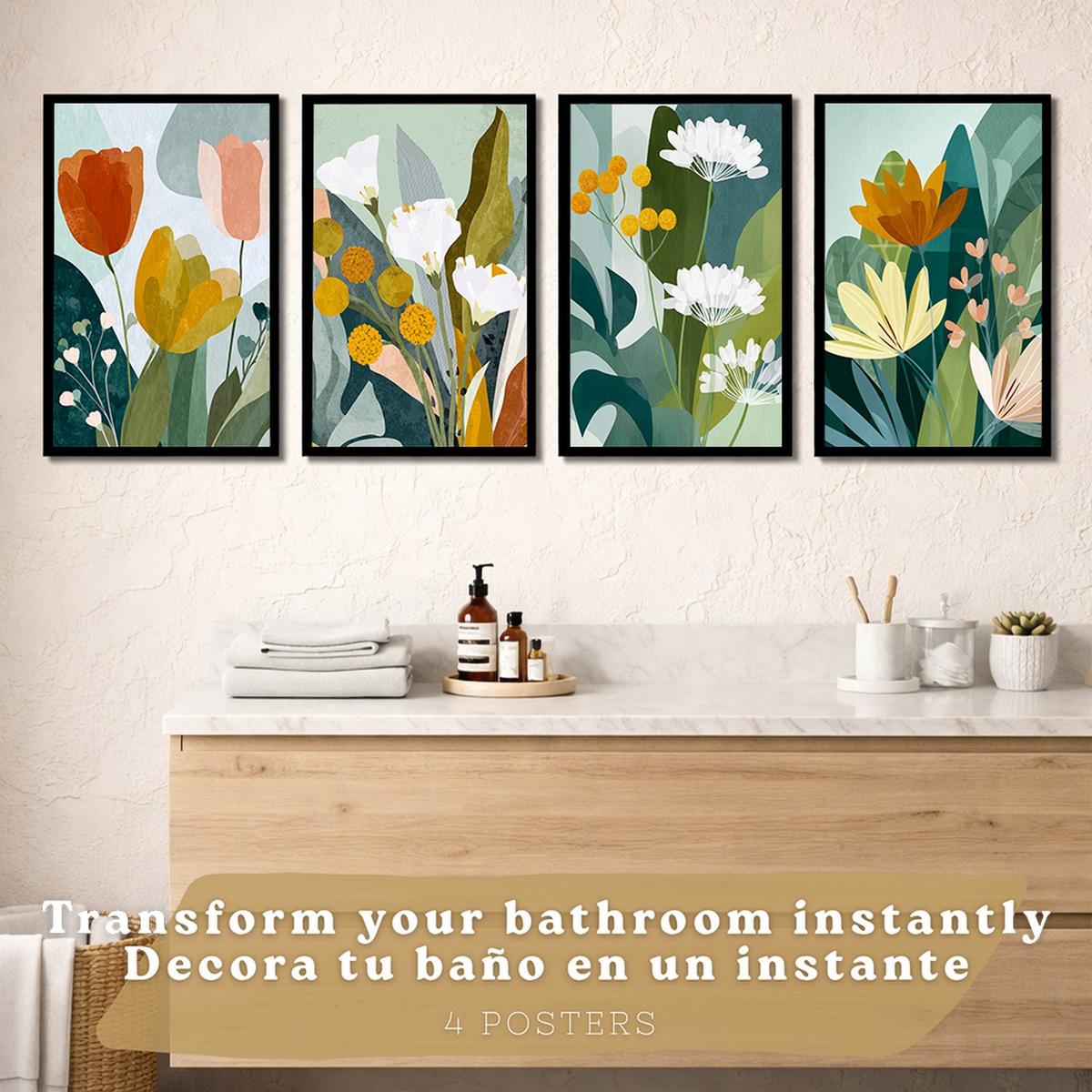 POSTER 4er-Set dekorative Badezimmerdrucke, moderne abstrakte florale Wandposter für Waschbecken, farbenfrohe nordische Dekoration Schwarzer Rahmen A4 - Schwarz, Papier (29.7/21/3cm) - Nacnic