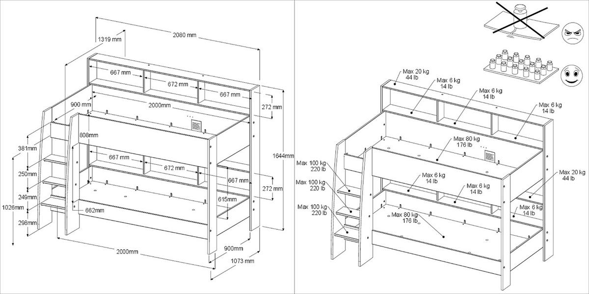 ETAGENBETT weiß, Eiche 90 x 200 cm, Jugendzimmer Hochbett mit Stauraum - Eichefarben/Schwarz, Holzwerkstoff/Kunststoff (90/200cm) - Parisot Meuble