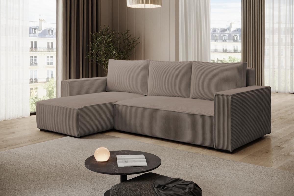 ECKSOFA CUDDY L, Eckcouch in L-Form mit Schlaffunktion und Bettkasten, Farbe: Braun, Cordstoff, Ottomane Links - Braun, Textil (240/140cm) - Storez24