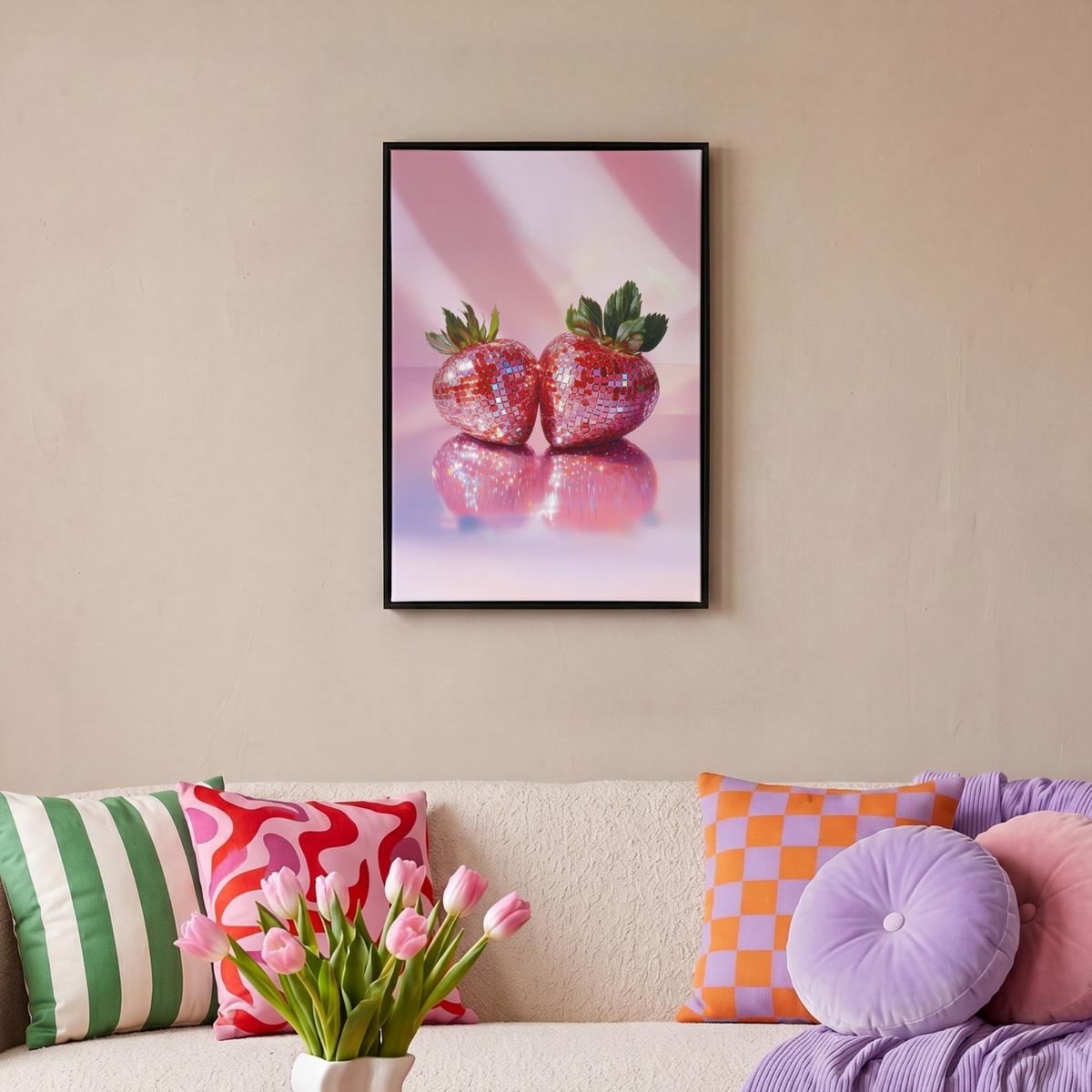 LEINWAND Bilder mit Rahmen - Disco - Obst - Glitzer - Erdbeere - 40x60 - Pink, Textil (40/60cm) - MuchoWow