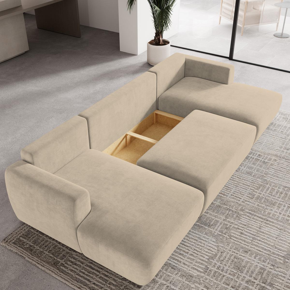WOHNLANDSCHAFT SENTUM K Beige Plüsch-Stoff mit Schlaffunktion - Beige/Schwarz, Holz/Kunststoff (330/90/148cm) - MASSENO