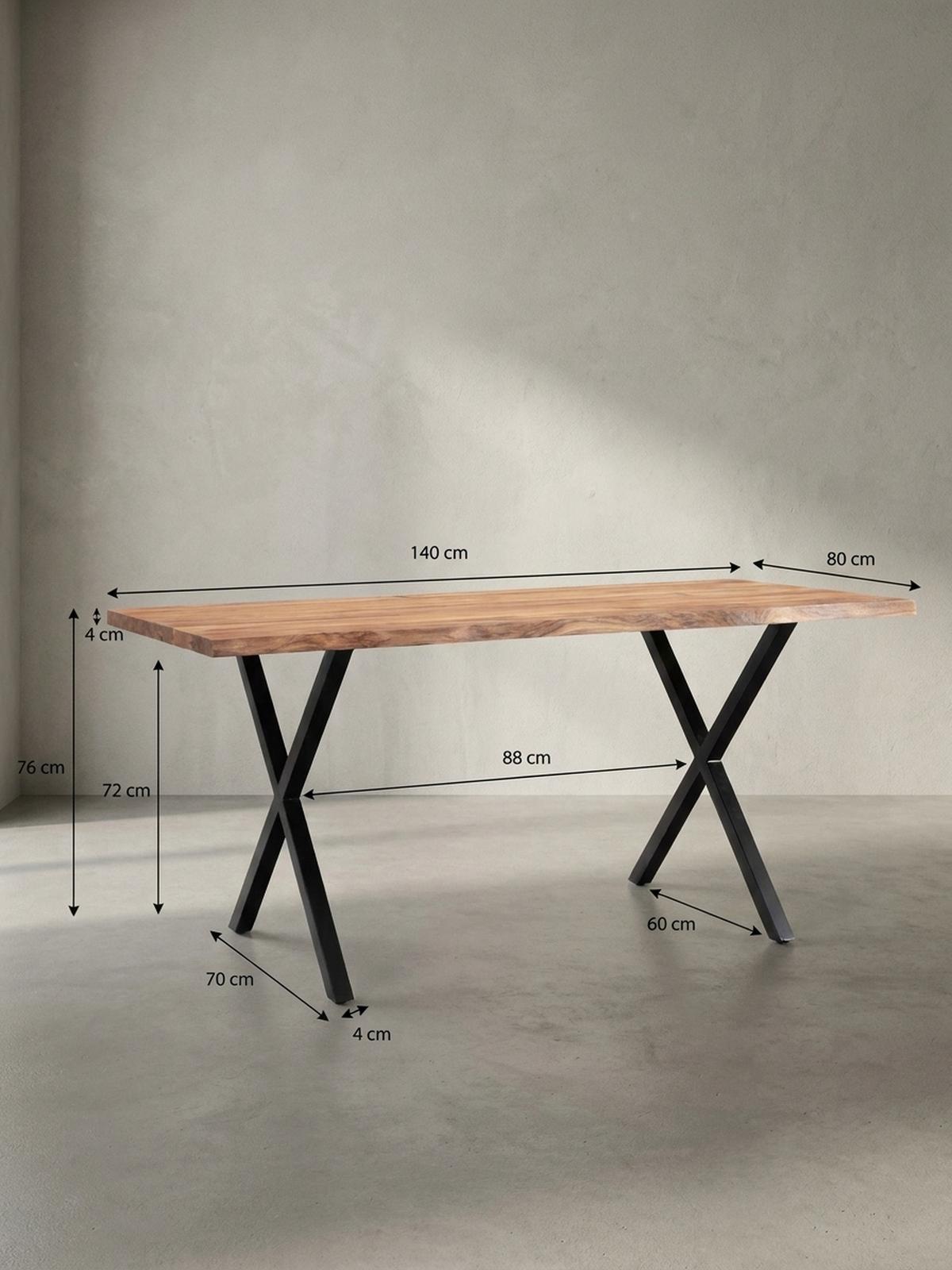 ESSTISCH Massivholz Metall X-Gestell Baumkante Industrial KRETA, Goldbraun-Schwarz 140x80x76 cm - Schwarz/Braun, Holz/Metall (80/140/76cm) - KADIMA DESIGN
