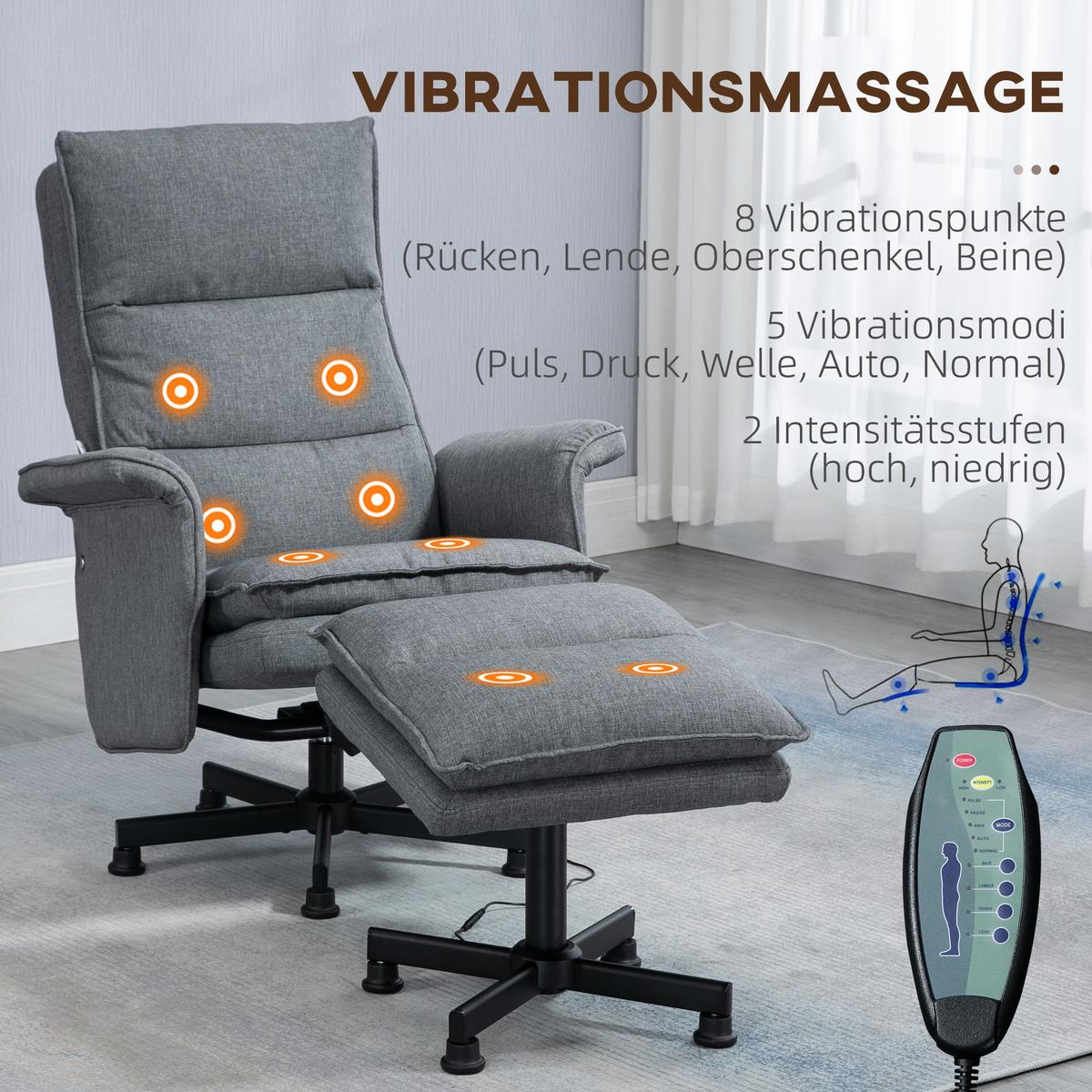 MASSAGESESSEL mit Fußhocker, Elektrischer Fernsehsessel mit Leinenoptik Grau - Grau, Kunststoff (93/99/78cm) - HOMCOM