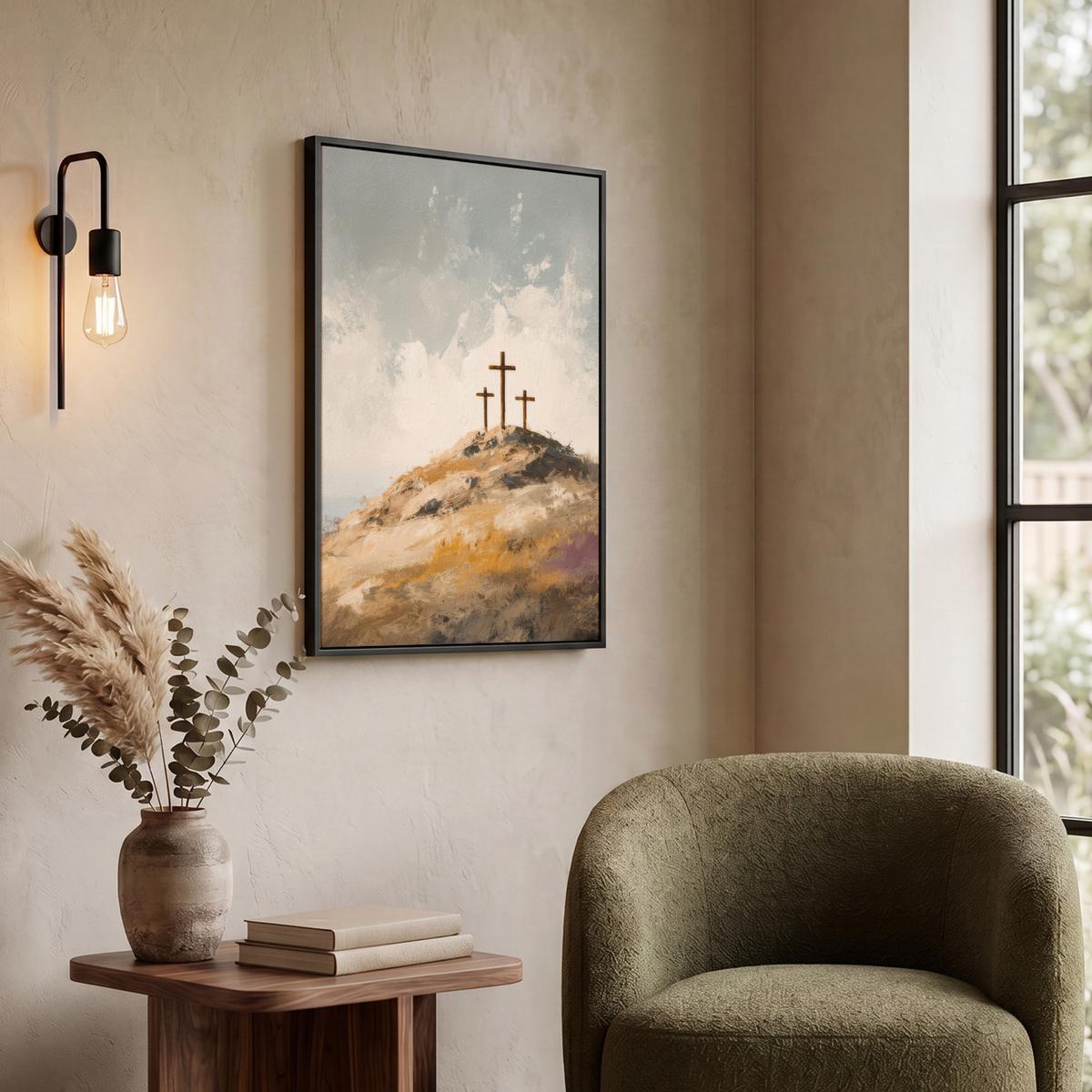 LEINWAND Bilder mit Rahmen - Hügel - Abstrakt - Christentum - Kreuz - 50x70 - Hellgrau, Textil (50/70cm) - MuchoWow