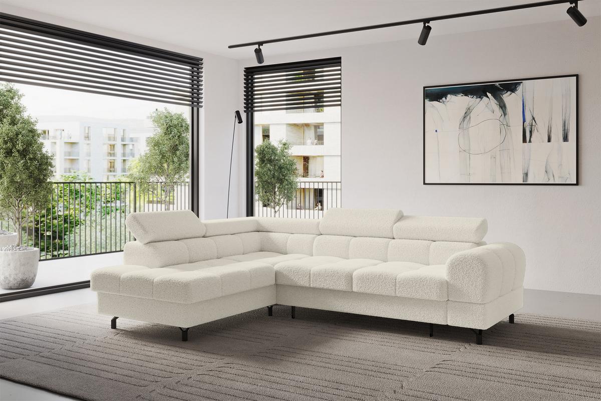 ECKSOFA mit Schlaffunktion Ottomane Links LUMA-L 272x203x70 Beige Bouclé - Sandfarben/Schwarz, Holzwerkstoff/Kunststoff (272/203cm) - ALTDECOR
